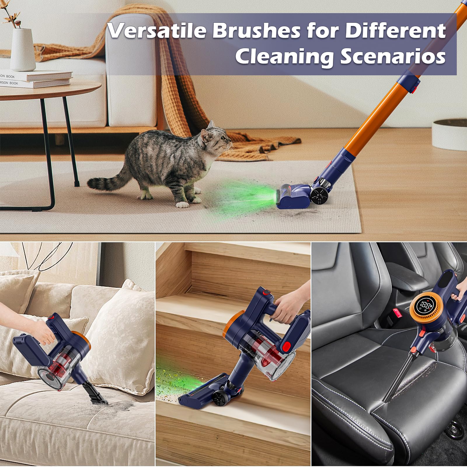 35kPa Strong Suction Cordless Vacuum Cleaner with 2200mAh Removable Battery - 6-in-1 Lightweight Handheld Stick Vacuum for Carpets, Hard Floors & Pet Hair - Anti-Tangle & Portable Design - Perfect for Home Cleaning, Car Detailing & Pet Hair Removal (Orange)