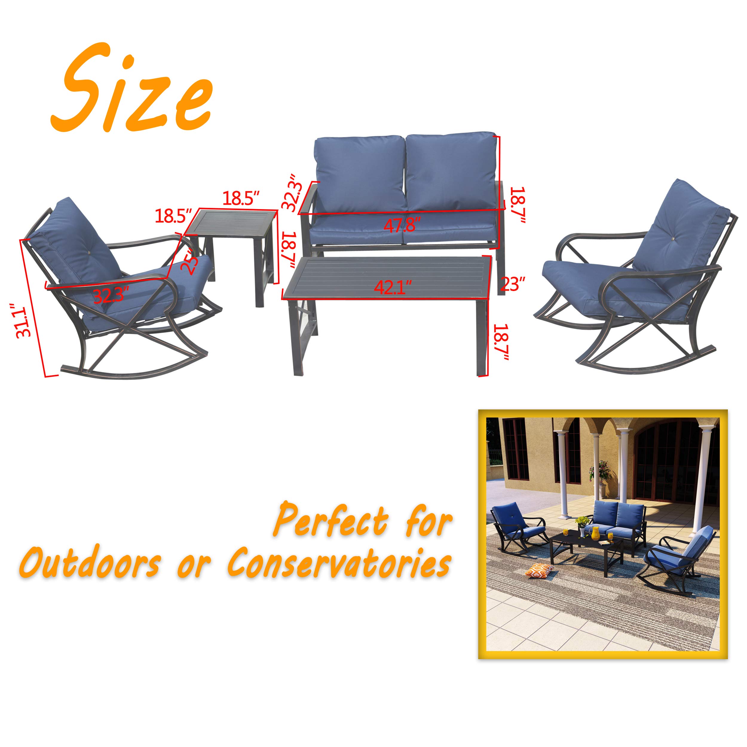 Modern Outdoor Patio Furniture Set - 5-Piece Metal Frame Sectional Sofa with Rocking Chair, Loveseat & Coffee Table - Blue Cushioned Conversation Set for Poolside, Lawn, Garden & Backyard Relaxation