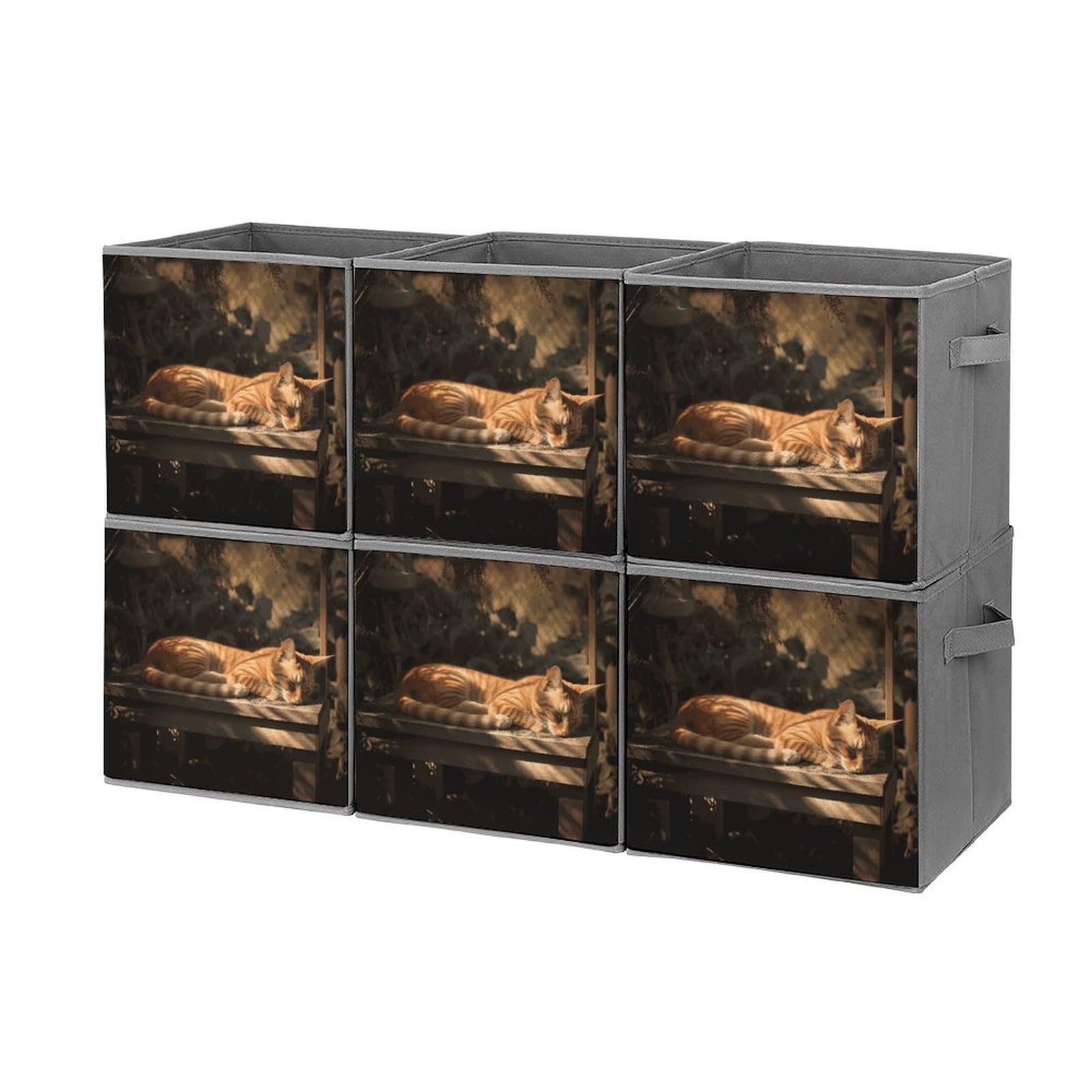 6PCS Collapsible Cat Storage Bins with Handle - Orange Cat Print for Shelves & Home Organization
