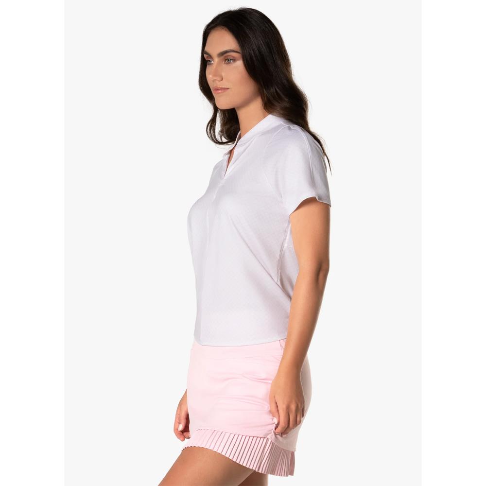 Lucky In Love Women's Deco Grid Tie Back Short Sleeve Top - White & Pink Floral Print Blouse for Summer Outfits & Date Nights
