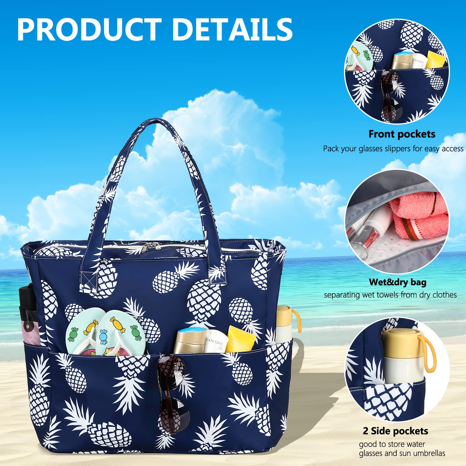 LEDAOU Large Waterproof Beach Tote Bag for Women - Sandproof Zippered Pool & Gym Bag with Wet Pocket - Perfect for Beach, Travel, Shopping & Grocery Trips