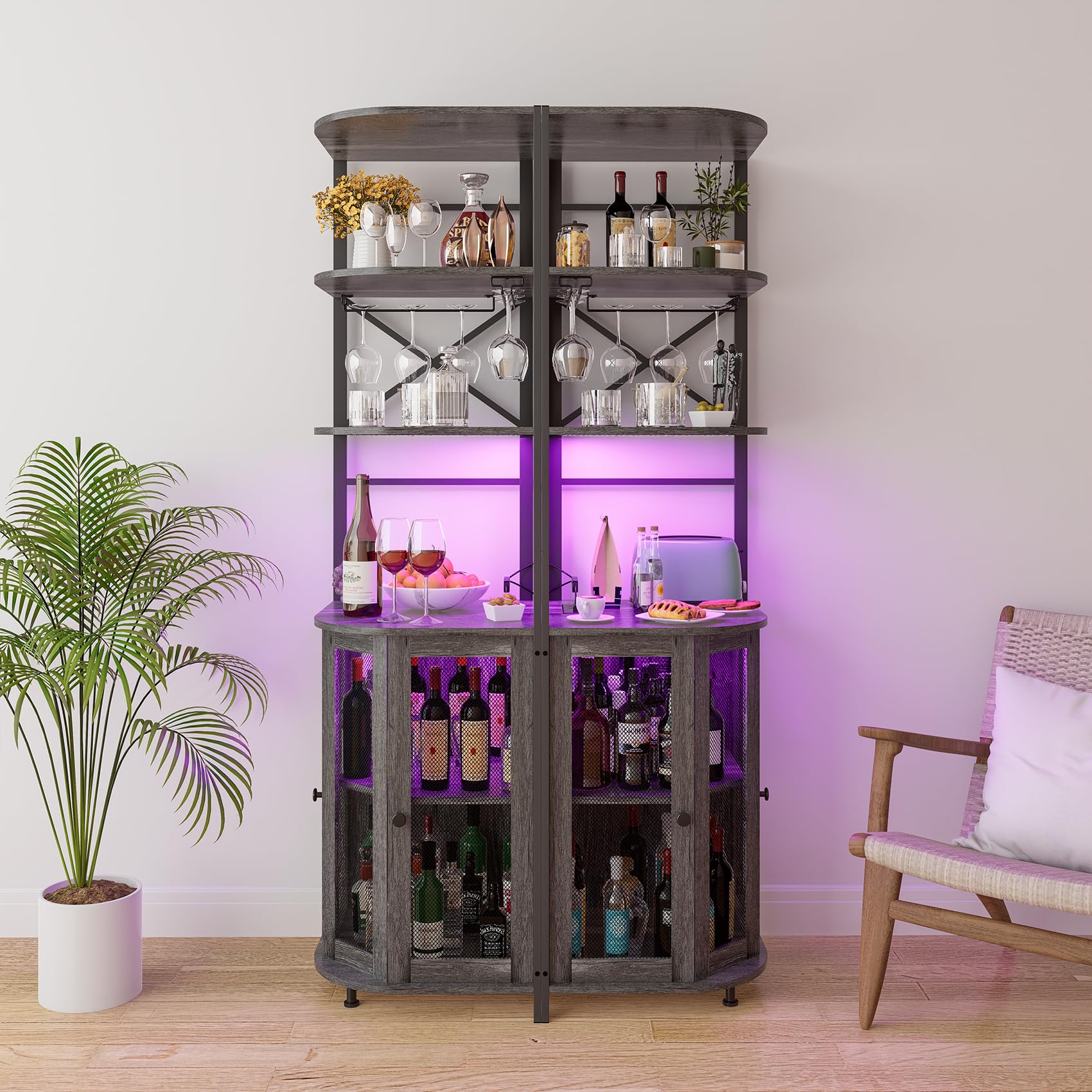 6-Tier Industrial Wine Bar Cabinet with LED Light, Power Outlet & Adjustable Shelves - Corner Liquor Storage with Glass Holder & Mesh Door - Perfect for Home Bars, Dining Rooms & Entertaining Guests
