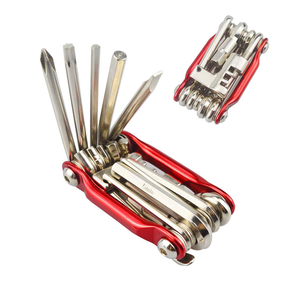 QitinDasen 11-in-1 Bike Repair Tool Kit - Multifunctional Portable Foldable Bicycle Maintenance Tool for Road & Mountain Bikes (Red) - Perfect for Home Repairs, Cycling Trips & Emergency Fixes