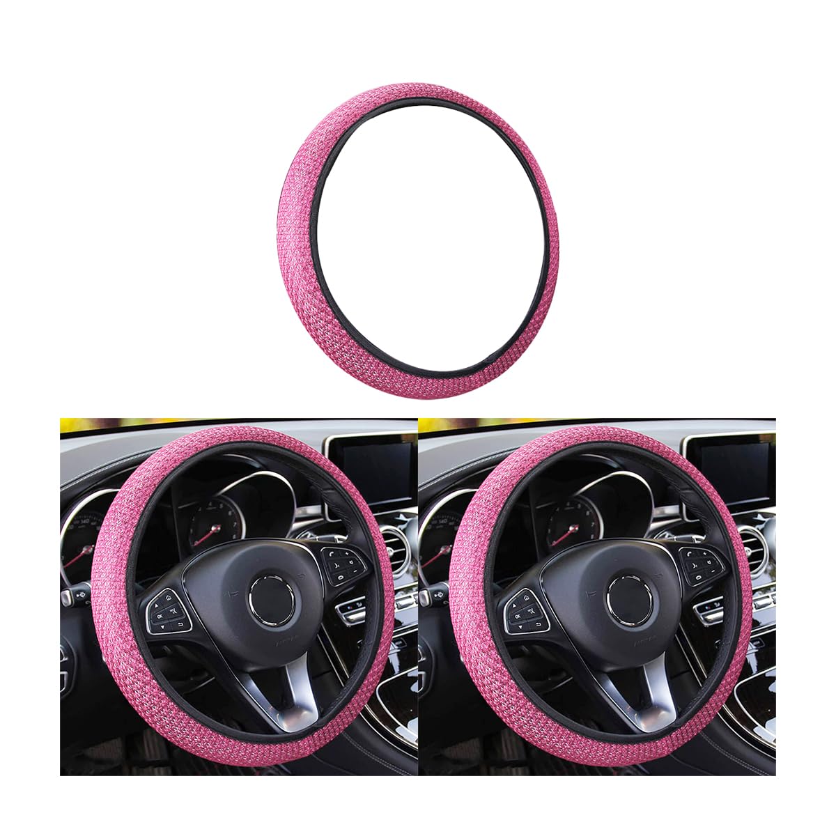 Premium Microfiber Ice Silk Steering Wheel Cover - Anti-Slip, Temperature Control (Warm in Winter & Cool in Summer) - Universal 15 Inch Fit for SUVs, Sedans, Trucks & Vans - Ideal for Commuting, Road Trips & Daily Driving (Pink)