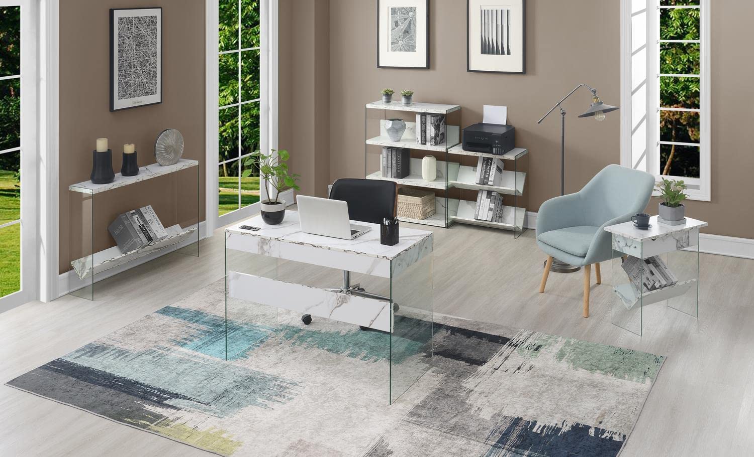 Convenience Concepts SoHo 36-inch White Faux Marble Glass Desk with 1 Drawer - Modern Home Office Furniture for Small Spaces & Workstations