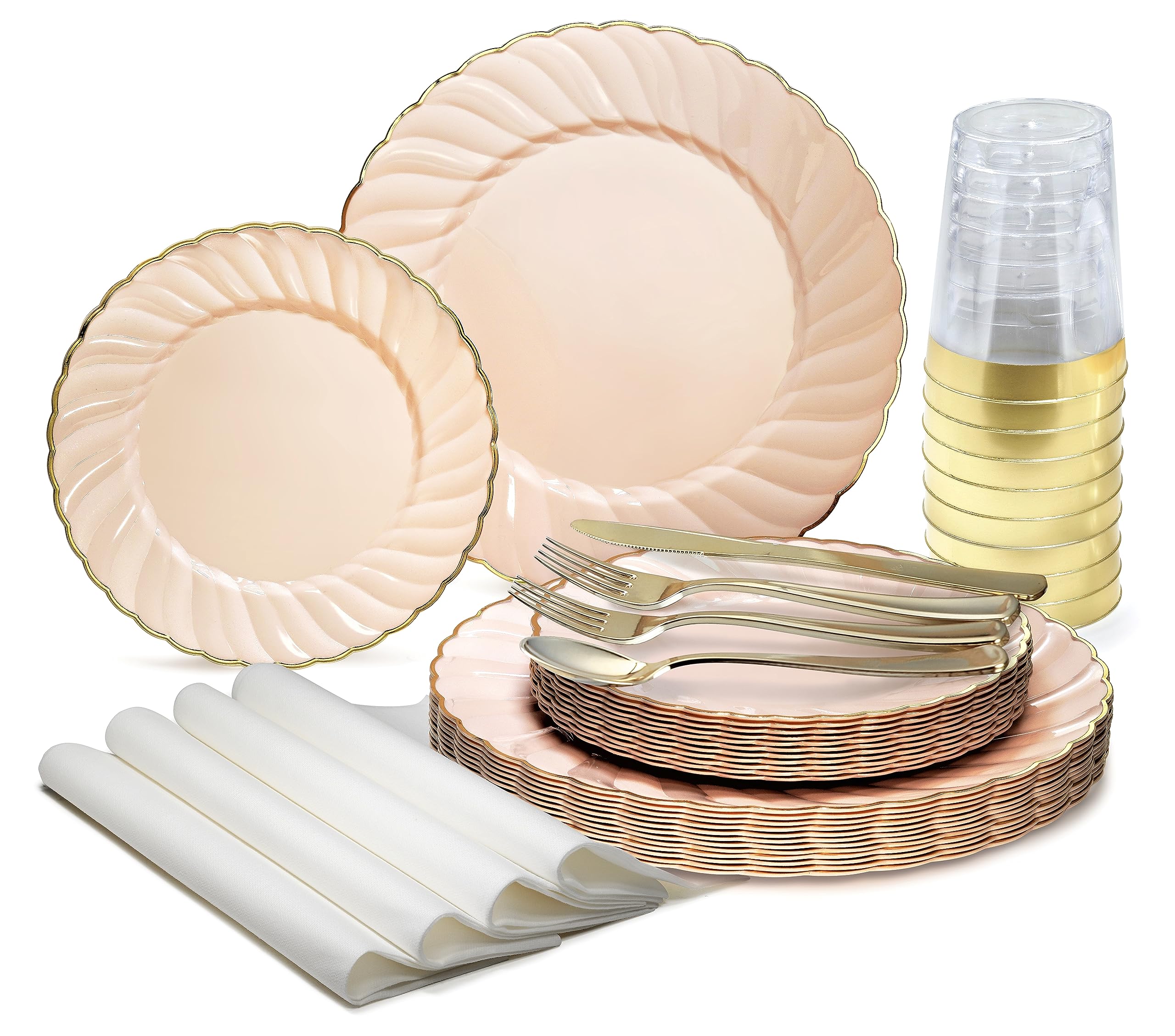 200-Piece Vintage Wedding Party Disposable Tableware Set - 25 x 10.25'' Plates, 25 x 7.5'' Plates, Silverware, Gold Rim Cups & Napkins (Blossom Blush & Gold) - Perfect for Weddings, Bridal Showers, Anniversaries & Elegant Events