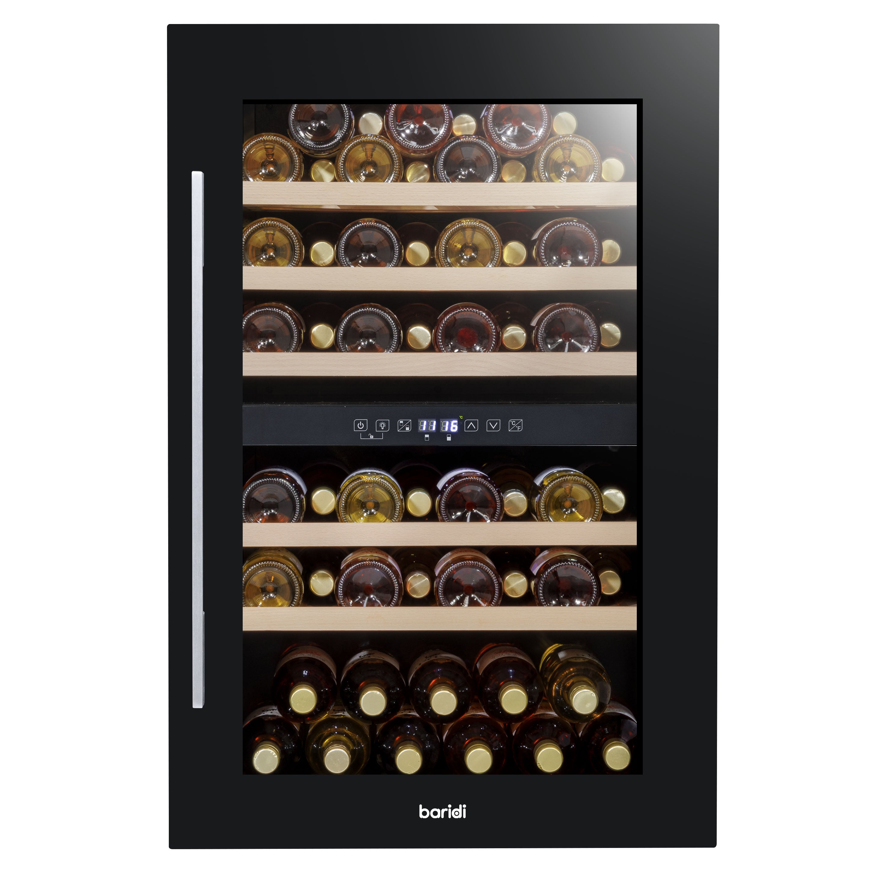 Baridi 60cm Built-In 57 Bottle Dual Zone Wine Cooler with Beech Wood Shelves - Black (DH118) | Perfect for Home Bars, Restaurants & Wine Cellars | Energy Efficient Wine Refrigerator for Red & White Wines