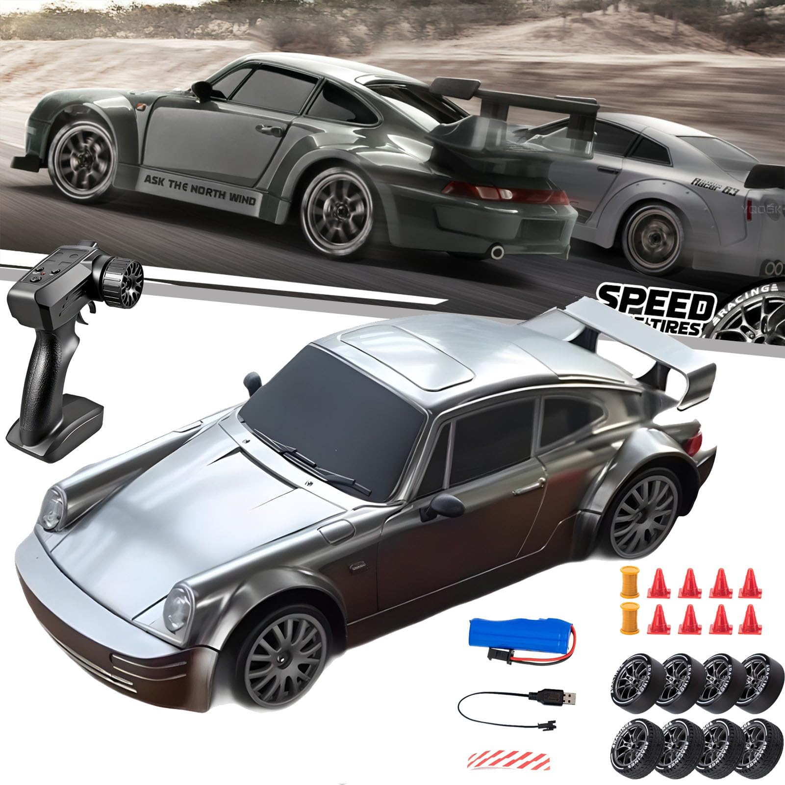 1:20 Scale Retro Drift Master RC Car - 2.4GHz 4WD Remote Control Drifting Vehicle with Roadblocks & Tires (Silver) | Mini RC Drift Car for Adults & Kids | Perfect for Indoor Racing, Backyard Drifting & RC Car Competitions