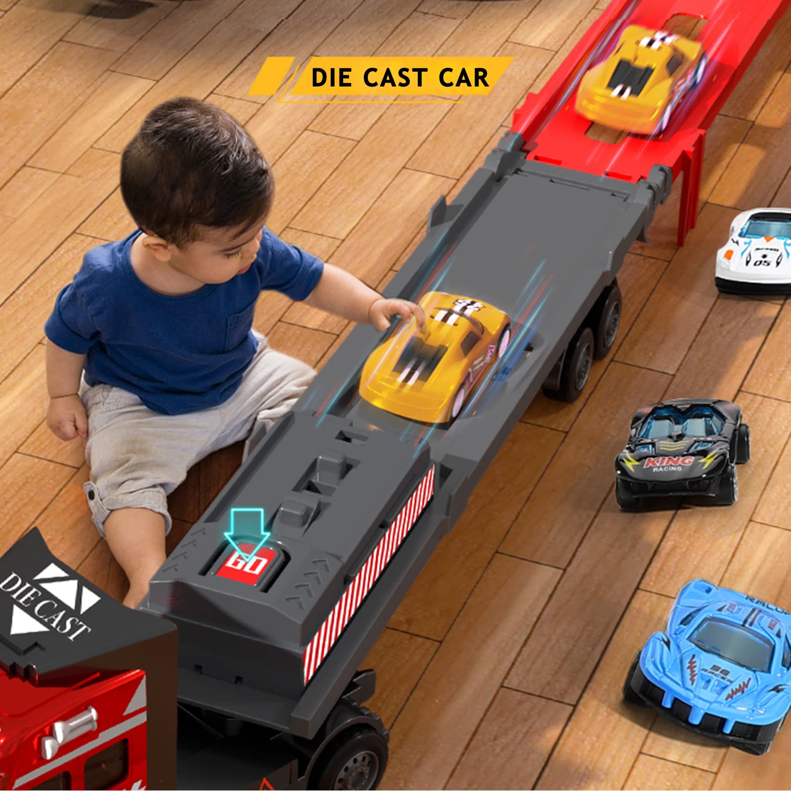 OTONOPI 59 Inch Race Car Transporter Truck Toy Set - Mega Hauler Carrier with Race Track Storage & 2 Metal Cars - Perfect Gift for Kids Toddlers Boys Girls Age 3+ - Great for Birthday Parties, Playtime & Pretend Driving Adventures