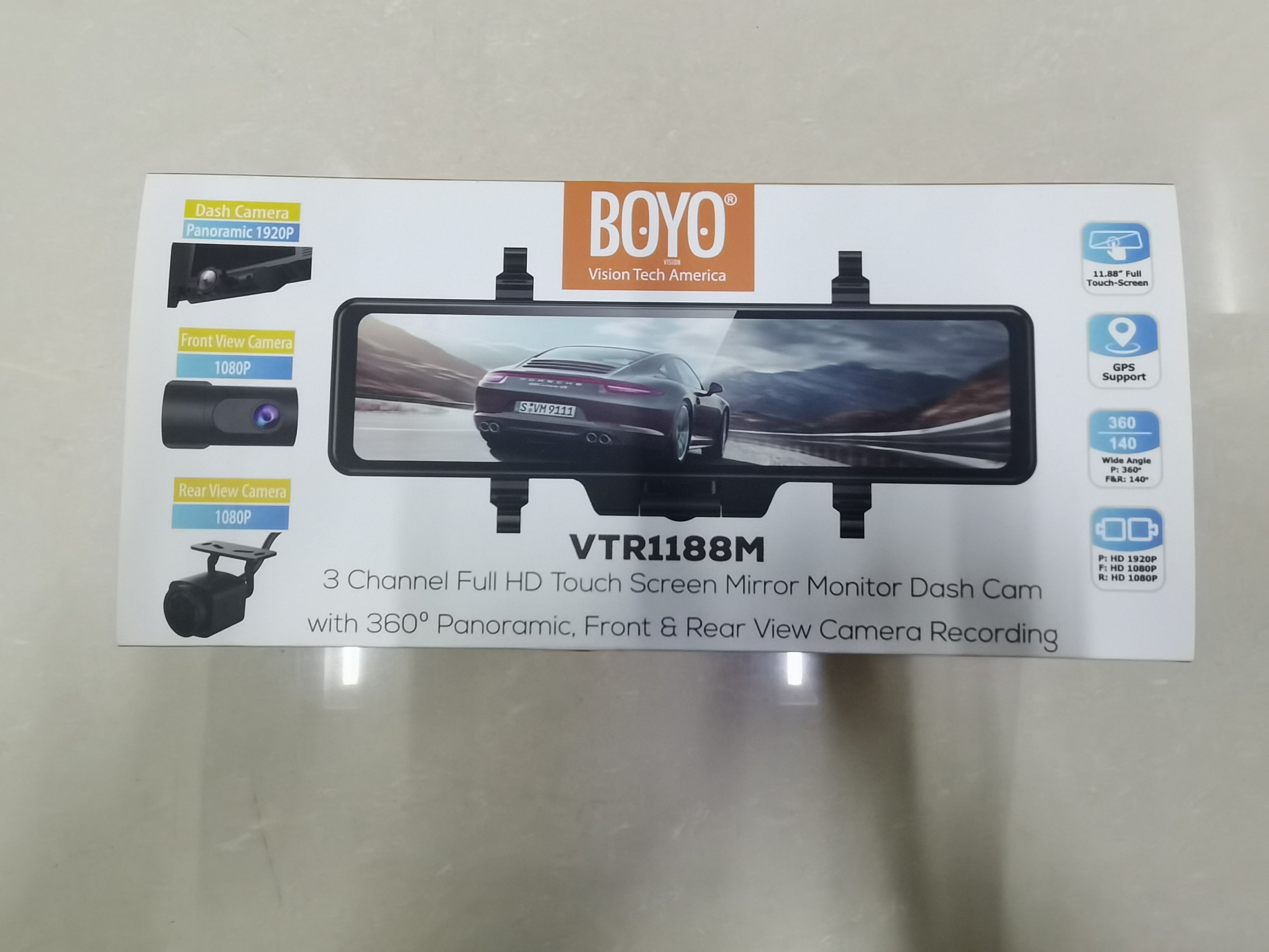 BOYO VTR1188M 3 Channel Full HD Touch Screen Mirror Monitor Dash Cam with 360° Panoramic View, Front & Rear Camera Recording - Perfect for Cars, Trucks, RVs & Fleet Vehicles