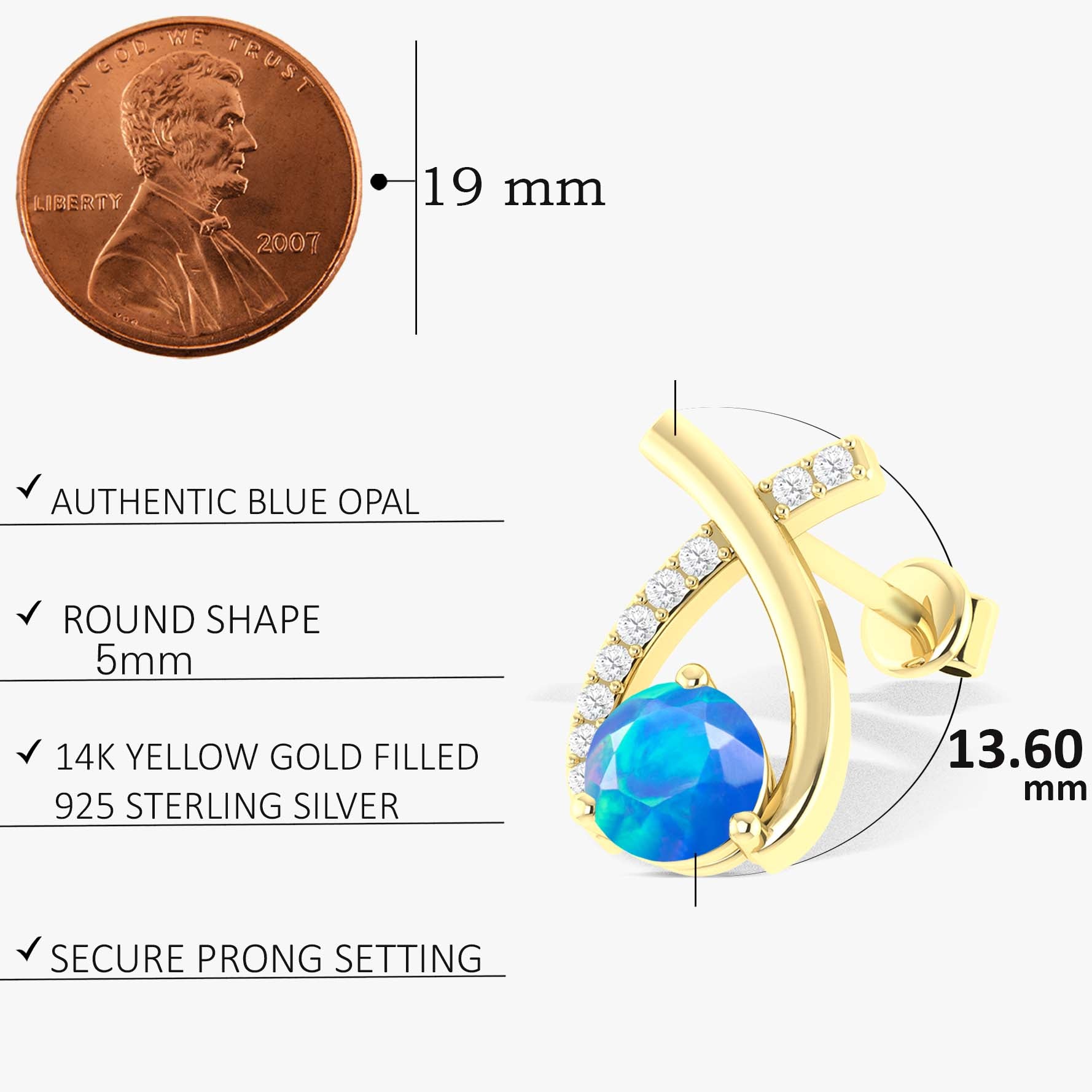 5MM Round Natural Blue Opal Stud Earrings for Women - Hypoallergenic Sterling Silver Post Earrings - Elegant Gift for Birthday, Anniversary & Everyday Wear