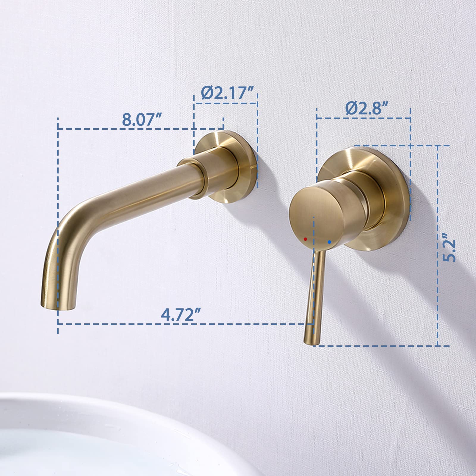 HMEGAO Brushed Gold Wall Mount Bathroom Faucet - Single Handle Sink Faucet with Rough-in Valve - Perfect for Modern Bathroom & Powder Room Renovations