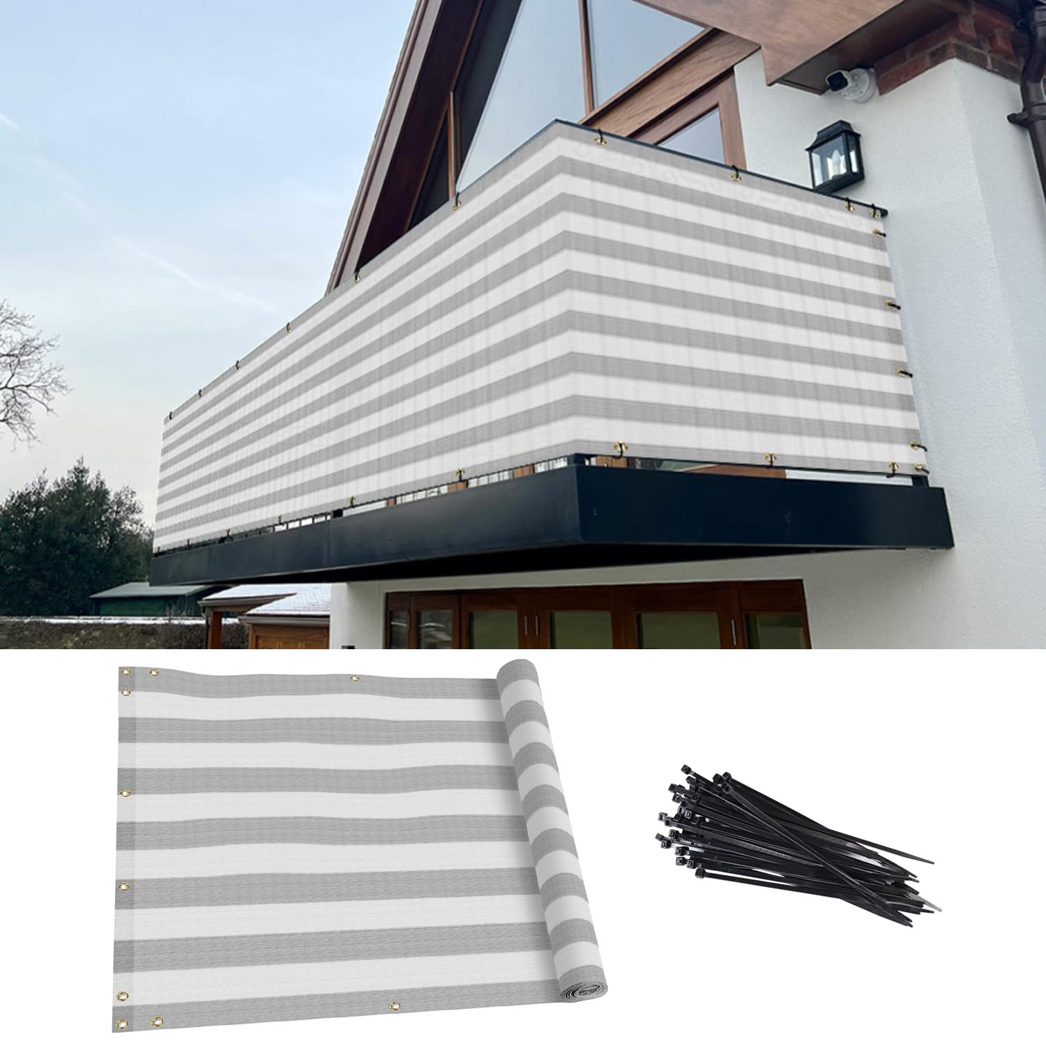 TANG 3' x 198' Gray White Stripe Balcony Privacy Screen Fence - 200GSM Weather Resistant Outdoor Deck Fence for Patio, Apartment, Porch & Backyard - Perfect for Creating Private Outdoor Spaces & Enhancing Home Aesthetics