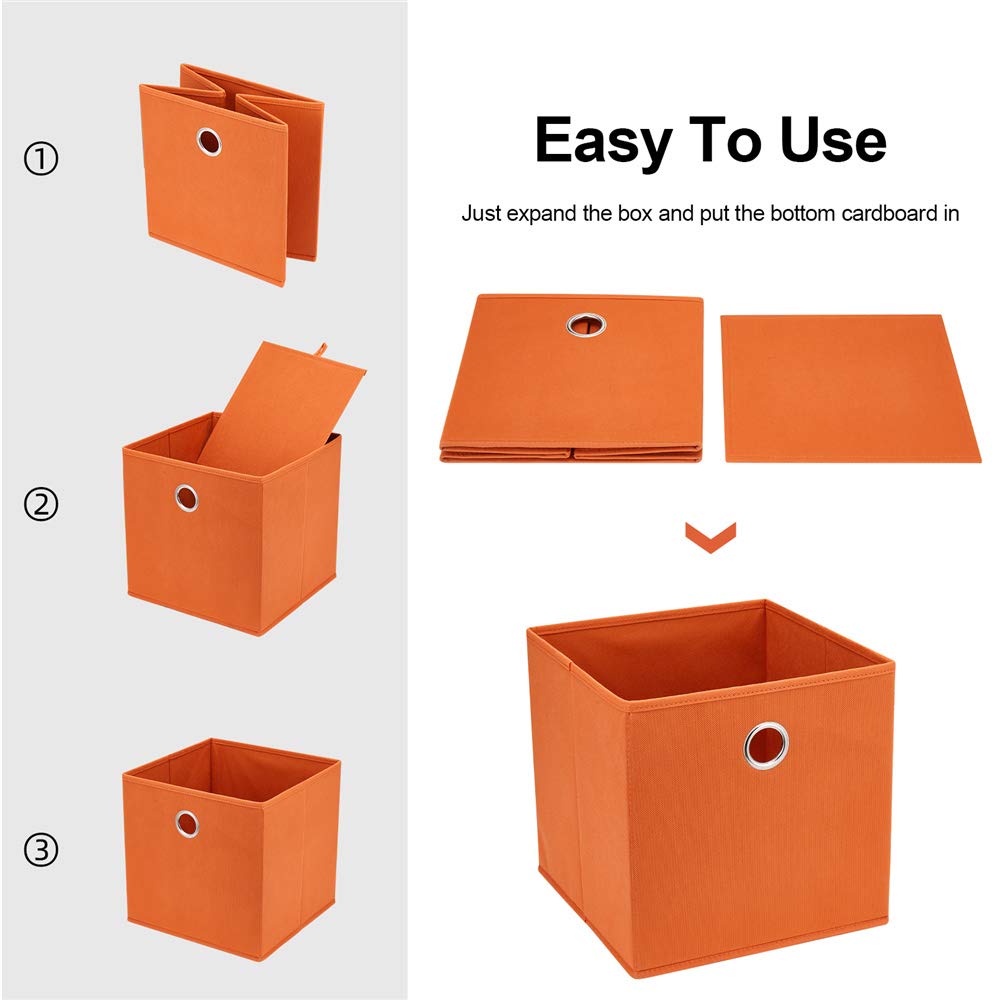 Orange Cube Storage Bins 11x11x11 Inches - 6 Pack Foldable Fabric Storage Cubes with Handles | Decorative Collapsible Organizer Bins for Closet, Shelves, Nursery, Office & Home Organization
