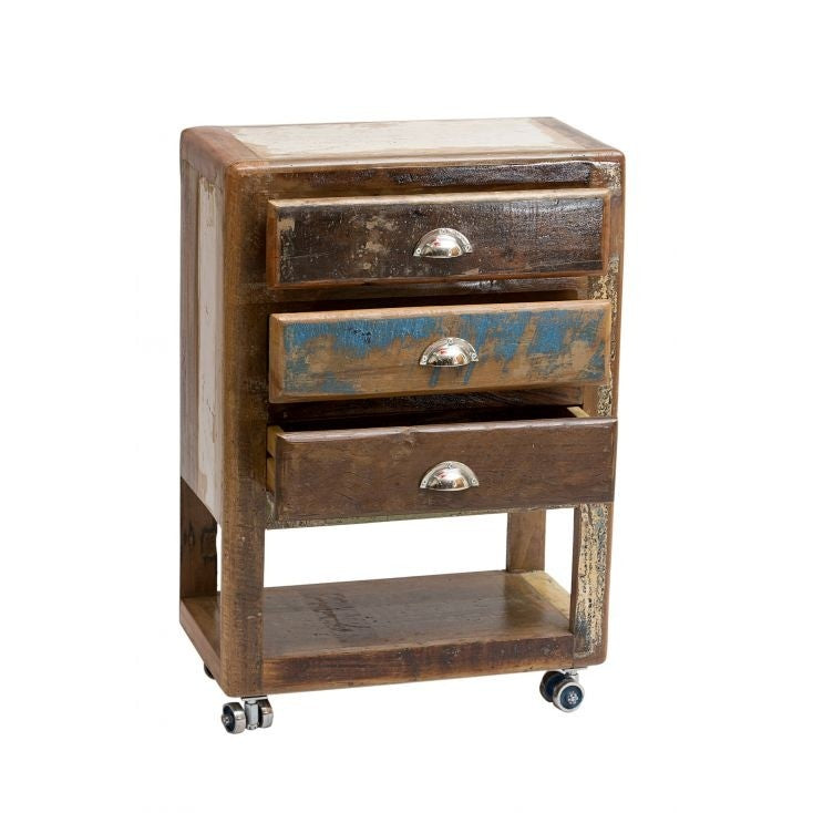 **Vintage Reclaimed Wood Nightstand with Wheels and Drawers - Rustic Bedside Table for Bedroom, Living Room, or Office**