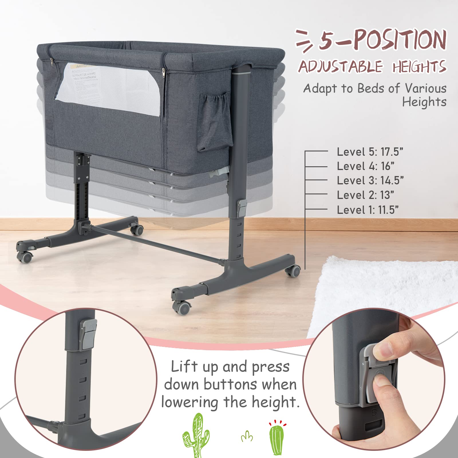 HONEY JOY 3-in-1 Portable Baby Bassinet Bedside Sleeper with Wheels - Adjustable Height Crib for Newborns & Infants, Includes Mattress & Carry Bag (Gray) | Perfect for Nursery, Bedroom Co-Sleeping & Travel