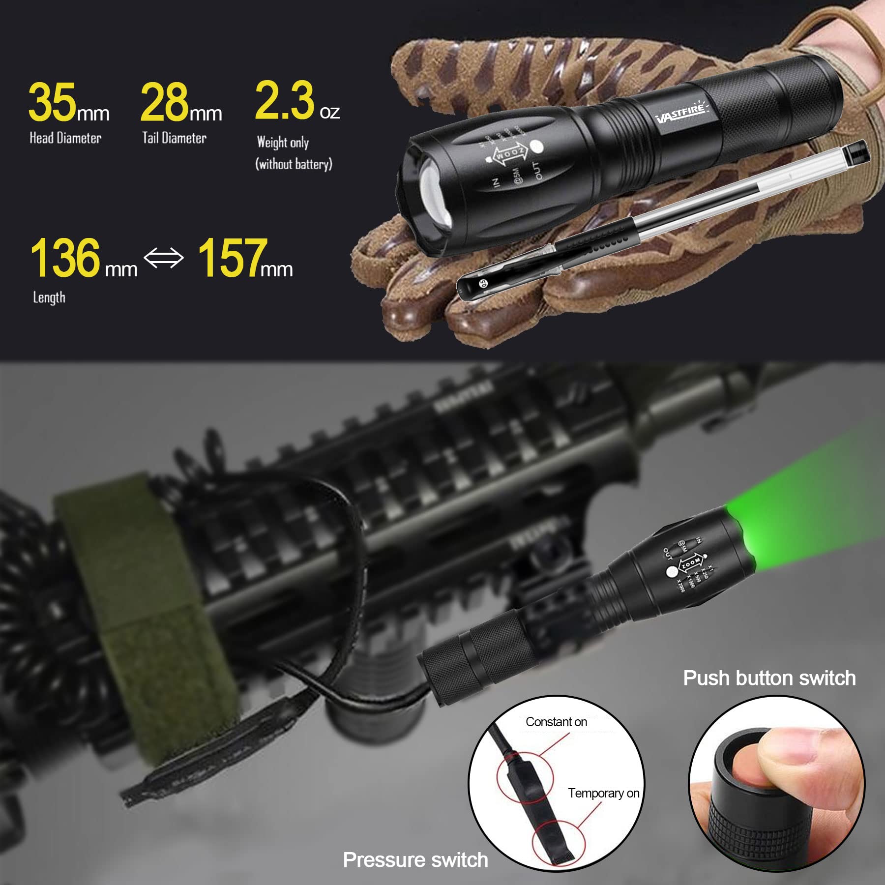 VASTFIRE 350 Yard Green Hunting Light - Zoomable Flashlight for Hog & Predator Hunting with Pressure Switch, Picatinny Rail Mount & 1-30mm Scope Mount - Perfect for Night Hunting, Tactical Missions & Outdoor Adventures (Includes Carrying Case)