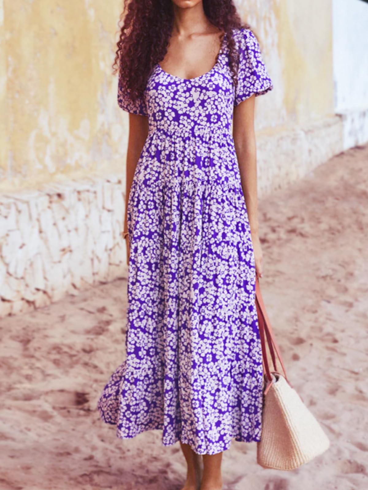 PRETTYGARDEN Women's Floral Summer Dress 2025 - Puff Sleeve, Smocked Backless, Flowy Tiered Maxi Dress for Beach, Vacation & Casual Wear | Boho Chic Style