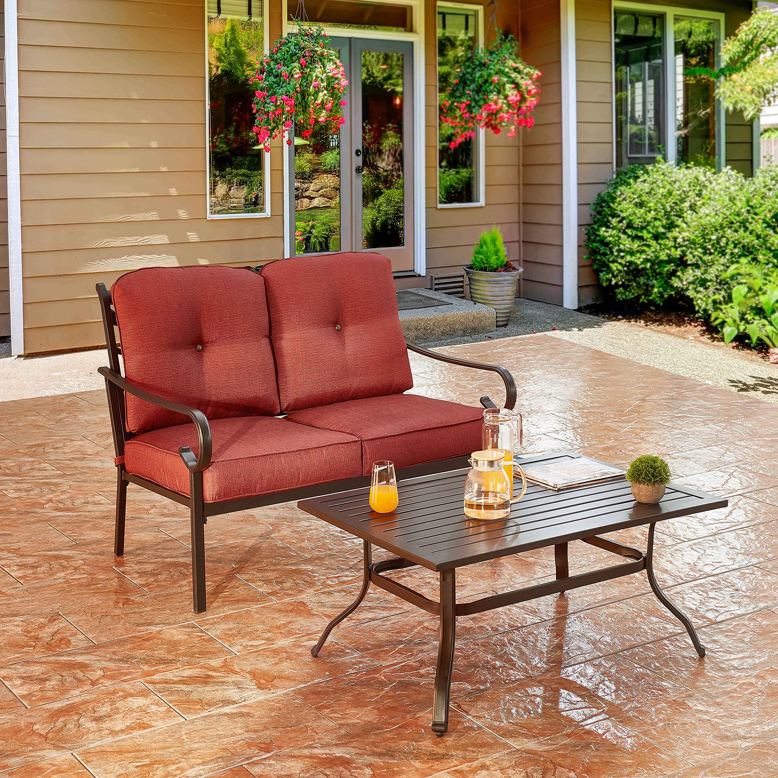 PatioFestival 2-Person Outdoor Loveseat Bench with 6.3 Inch Cushion & Coffee Table - All-Weather Steel Frame for Garden, Patio, and Backyard Relaxation