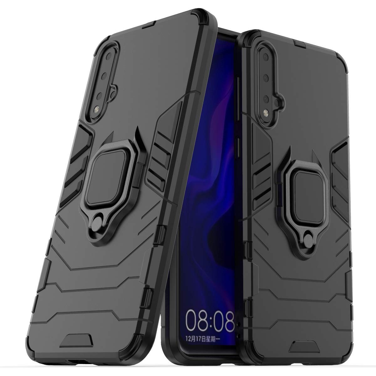 LuluMain Huawei Nova 5/Nova 5 Pro Case with Metal Ring & Kickstand - Shockproof Hard Bumper Phone Cover Compatible with Magnetic Car Mount - Dual Layer Rugged Protection (Black) - Perfect for Work, Travel & Outdoor Activities