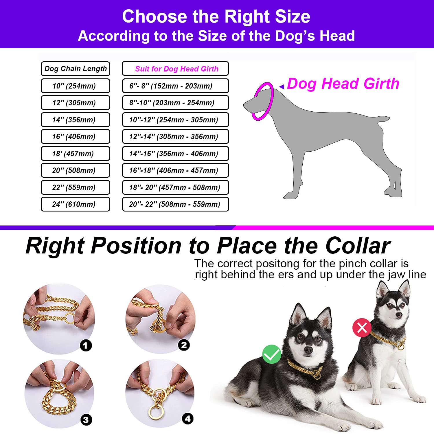 Rose Gold Chain Dog Collar - 10MM Cuban Link Stainless Steel Training Collar for Small, Medium & Large Dogs (10-29in) - Perfect for Walking, Training & Fashion Pet Accessories