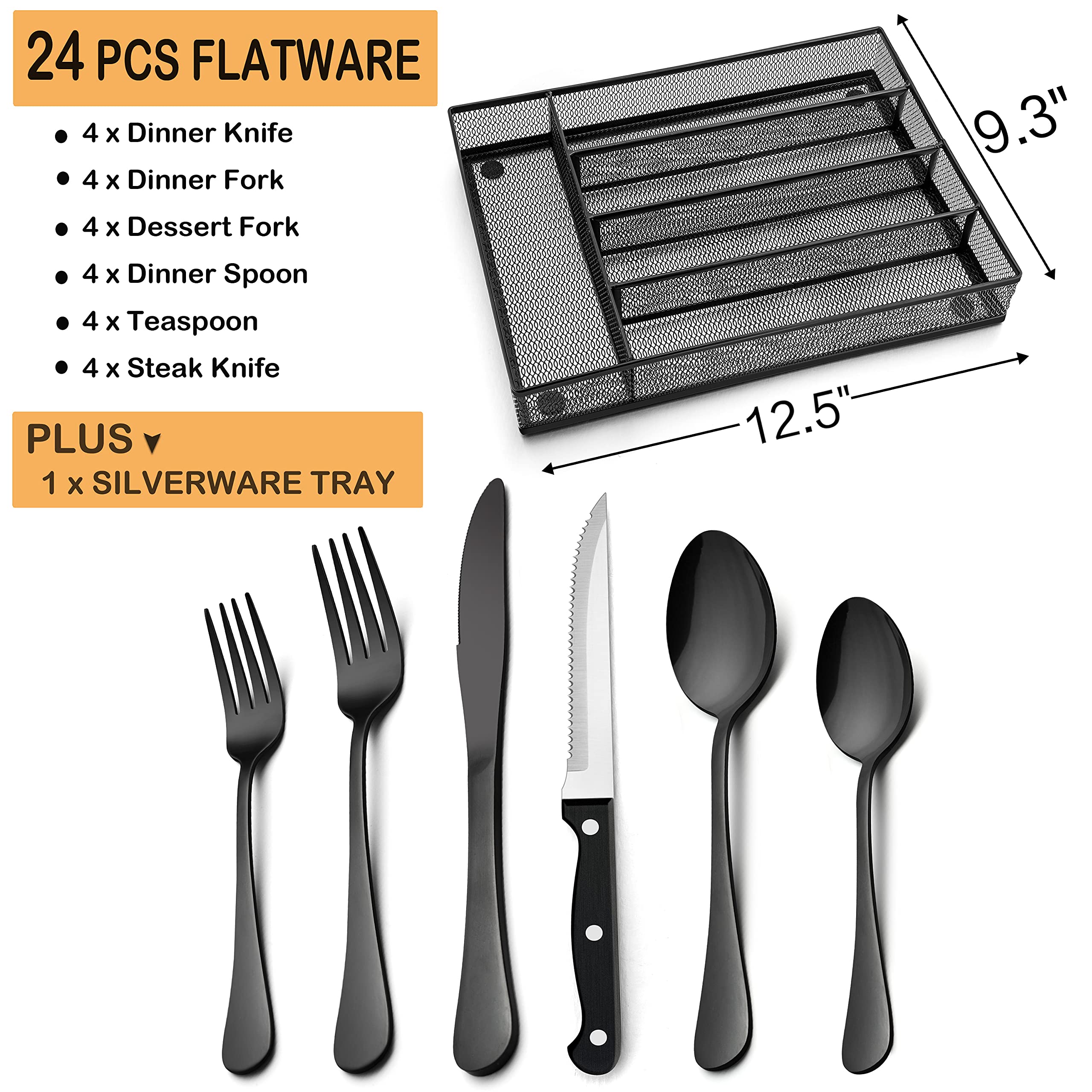 24-Piece Stainless Steel Flatware Set - Black Silverware with Steak Knives & Organizer for 4 People | Dishwasher Safe Mirror Polished Cutlery Set | Perfect for Wedding, Home Dinner Party & Restaurant Use