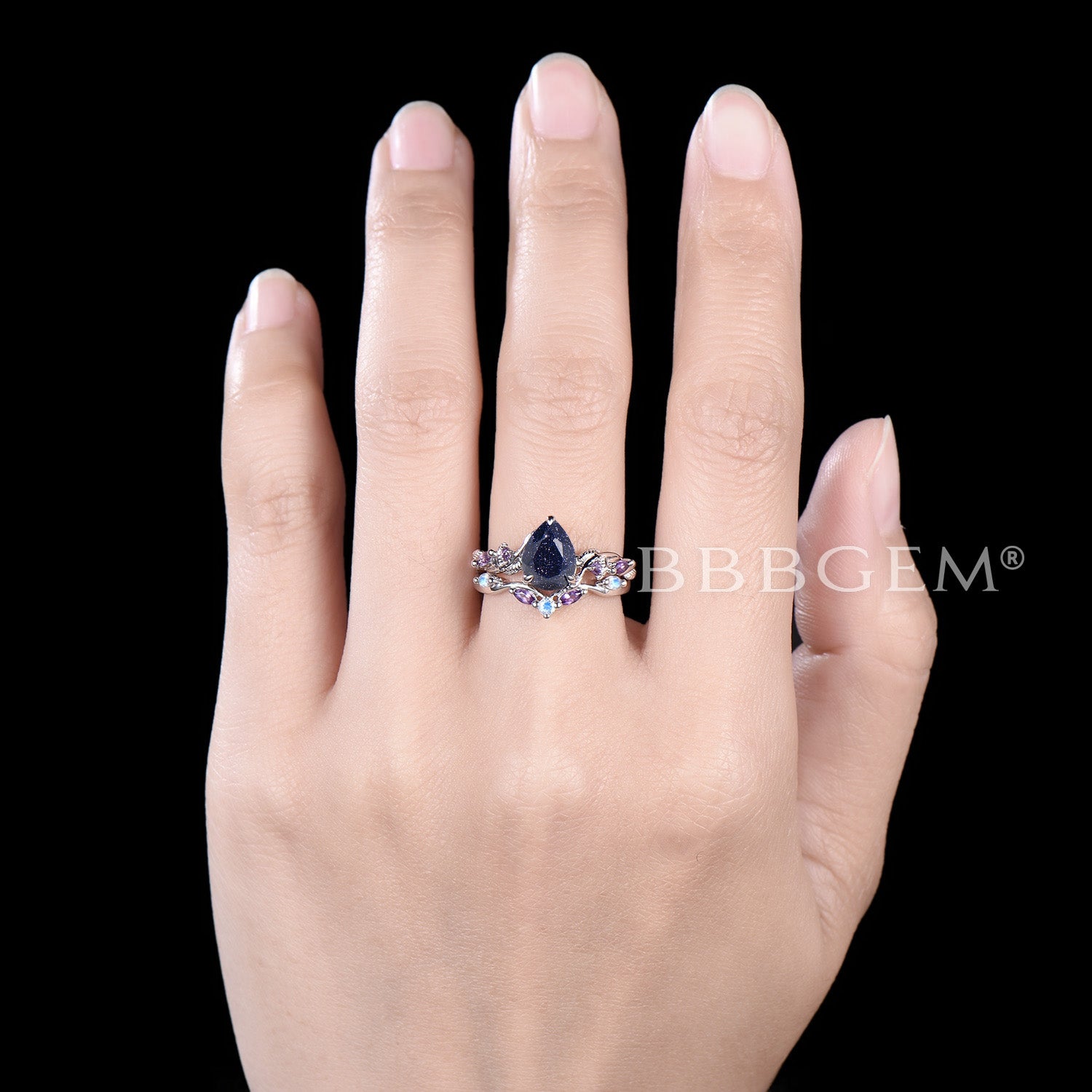 Blue Sandstone Pear Shaped Engagement Ring with Leaf Branch Design - Perfect for Weddings, Proposals & Anniversary Gifts