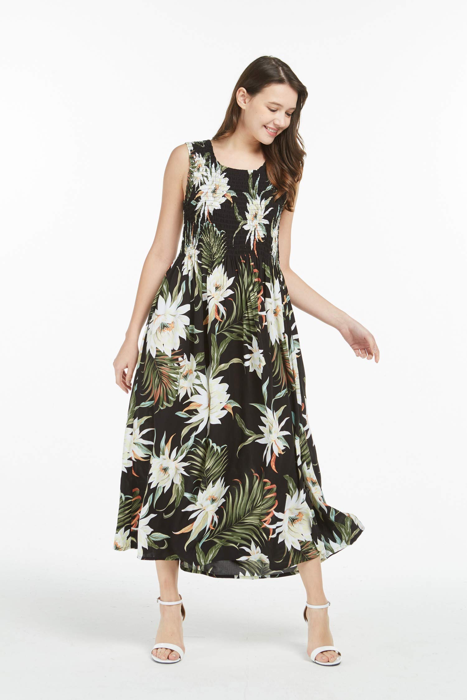 Women's Hawaiian Maxi Tank Dress - Elastic Waist Luau Dress with Sunset Floral Print | Perfect for Beach Vacations, Summer Parties & Tropical Getaways