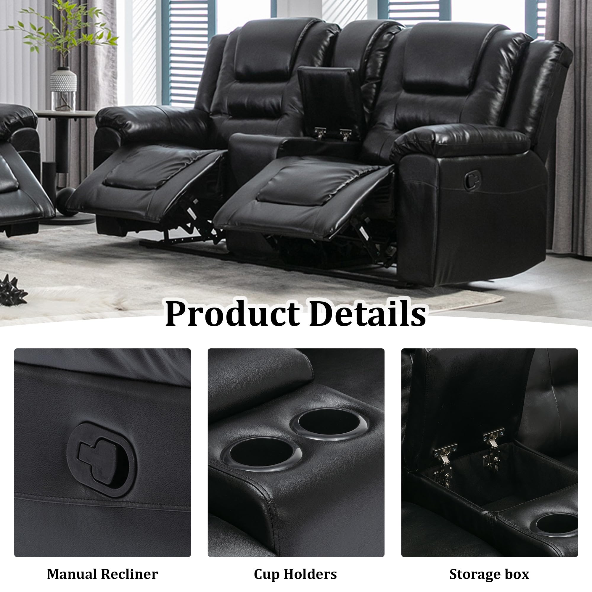 Premium PU Leather Manual Reclining Sofa with Storage & Cup Holders - Comfortable 2-Seater Living Room Furniture for Small Spaces, Modern Home Theater & Game Room Use - Black