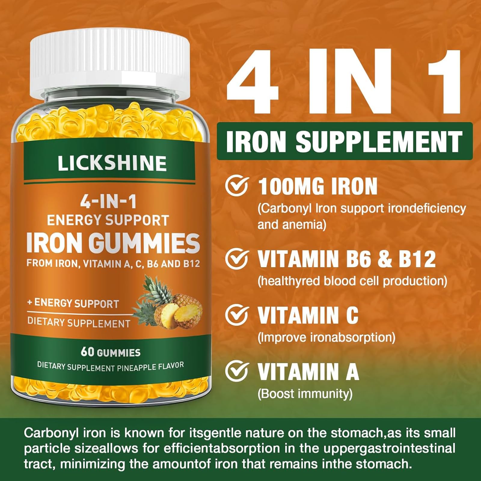 2 Pack Vegan Iron Gummies 100MG with Vitamin C, A, B - Energy Boosting Supplement for Women, Men & Kids - Supports Iron Deficiency & Anemia Relief - Peach Flavor (120 Count) - Perfect for Daily Nutrition & Active Lifestyle