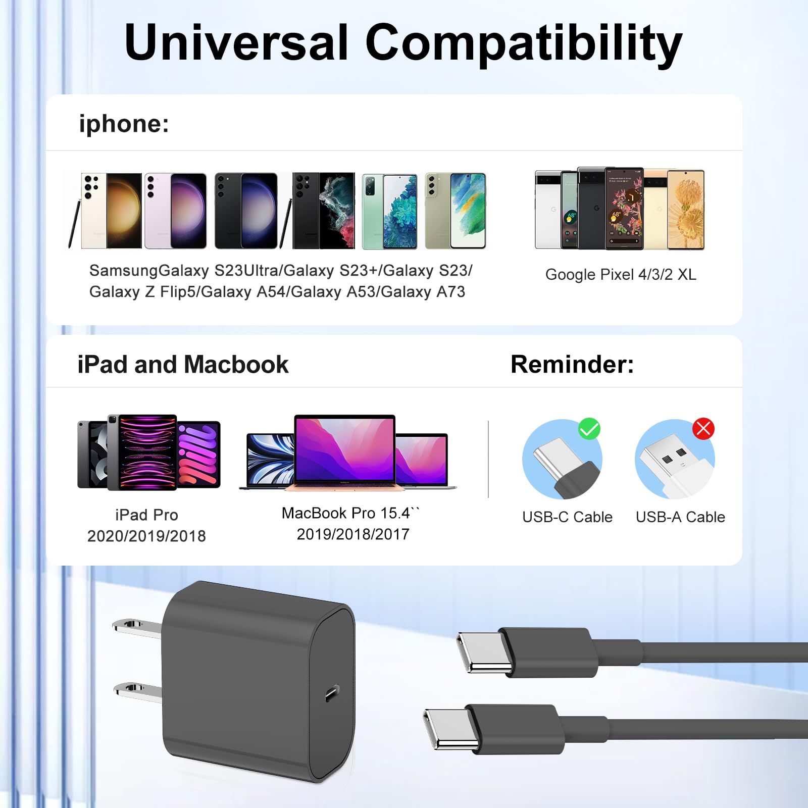 20W Fast Charger 3-Pack with 10ft USB-C Cable - Compatible with iPhone 16/15/Pro/Pro Max, iPad Pro, AirPods & Samsung Devices | Quick Wall Charger Block for Home, Office & Travel Use