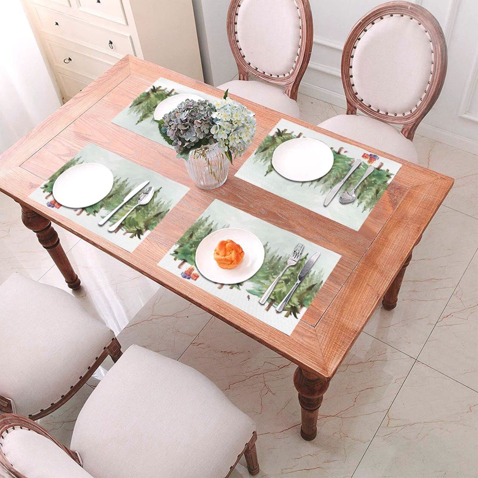 Christmas Pine Forest Placemats Set of 4 - Washable PVC Table Mats for Dining Table, Holiday Decor, Vinyl Woven Place Settings for Christmas Dinner Party & Home Decor
