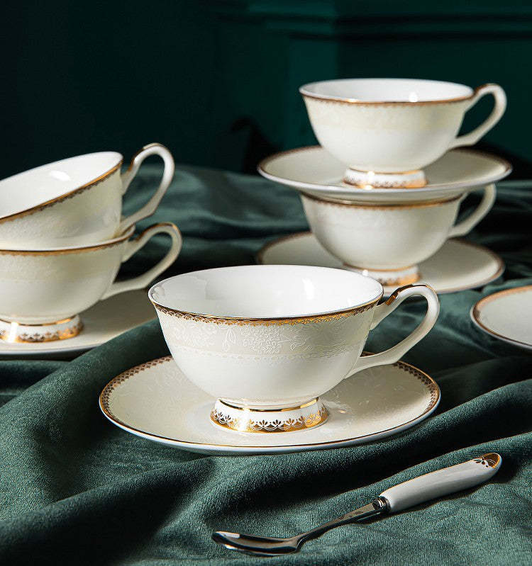 Premium Bone China Porcelain Coffee Cup Set - 6-Piece White Ceramic Tea Cups with Saucers, Elegant British-Style Tea Set in Luxury Gift Box - Perfect for Afternoon Tea, Gifts & Home Decor