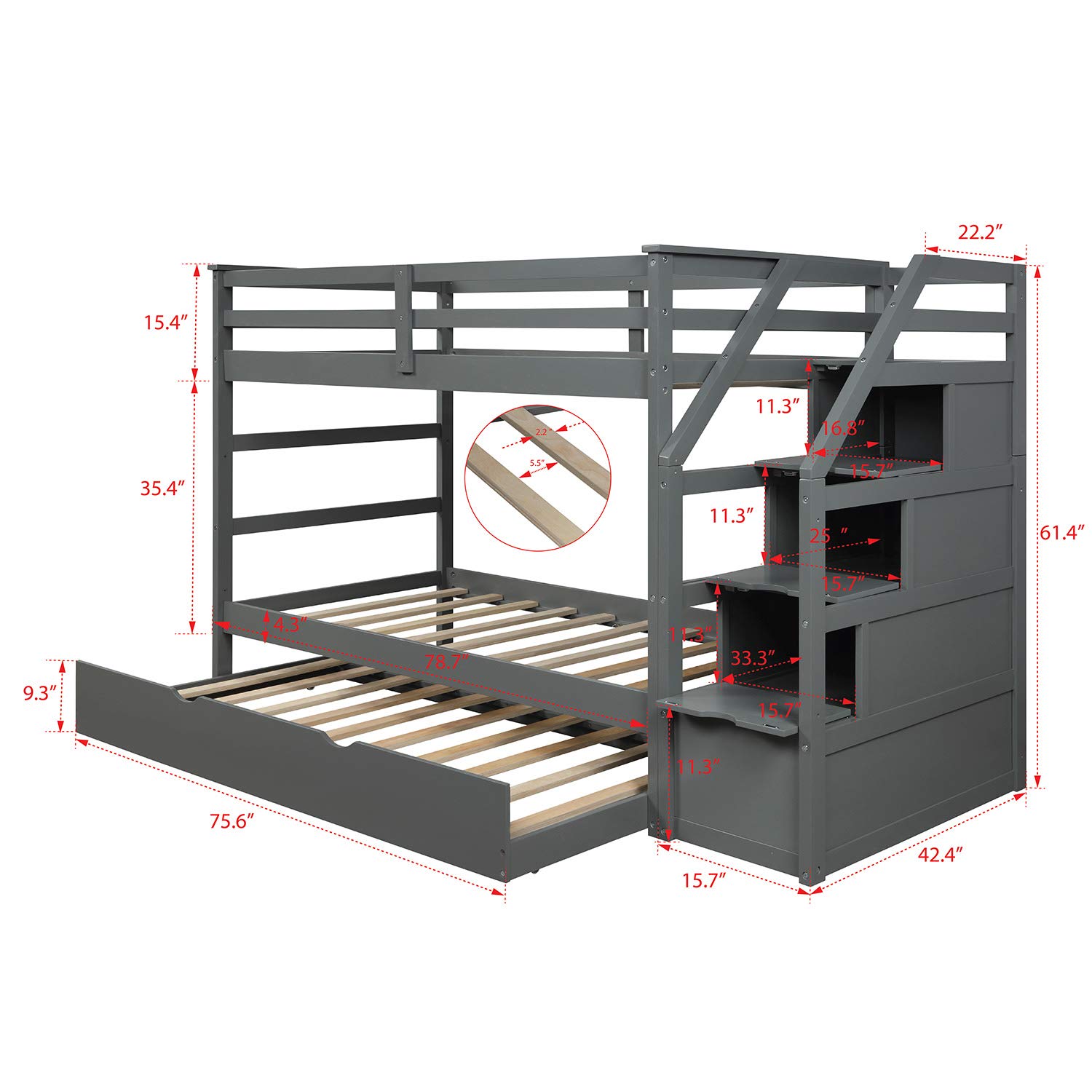 **Danxee Twin Over Twin Bunk Beds for Kids & Teens - Wooden Bunk Bed with Trundle, 3 Storage Drawers & Safety Rail Ladder - Space-Saving Bedroom Furniture for Small Rooms, Guest Rooms & Sleepovers (Gray)**