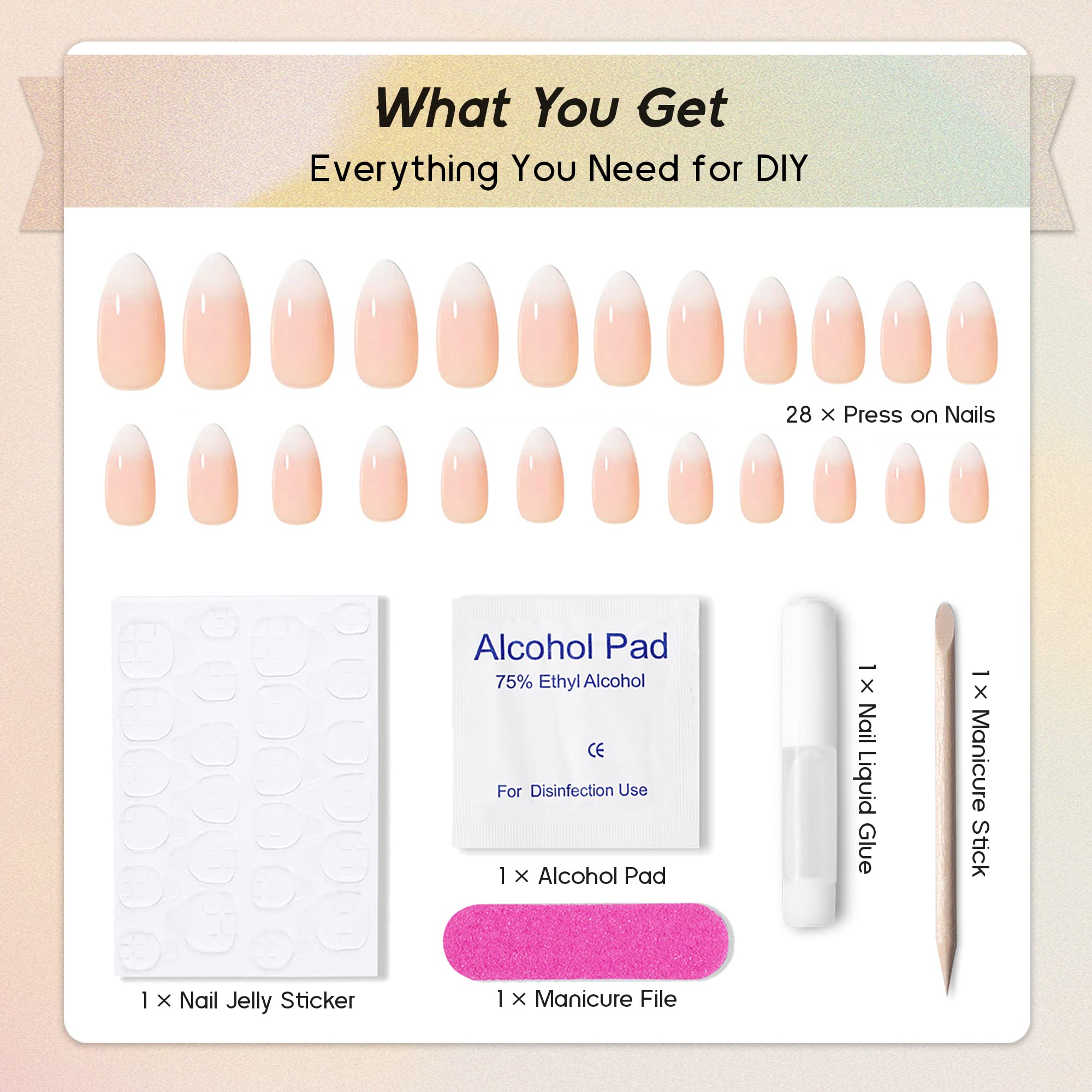 Ombre Nude to White Press On Nails - Medium Almond Fake Nails with Glossy Finish, Full Cover Glue On Nails for Women (24-Piece Kit, 12 Sizes) - Perfect for Daily Wear, Natural Look & Special Occasions