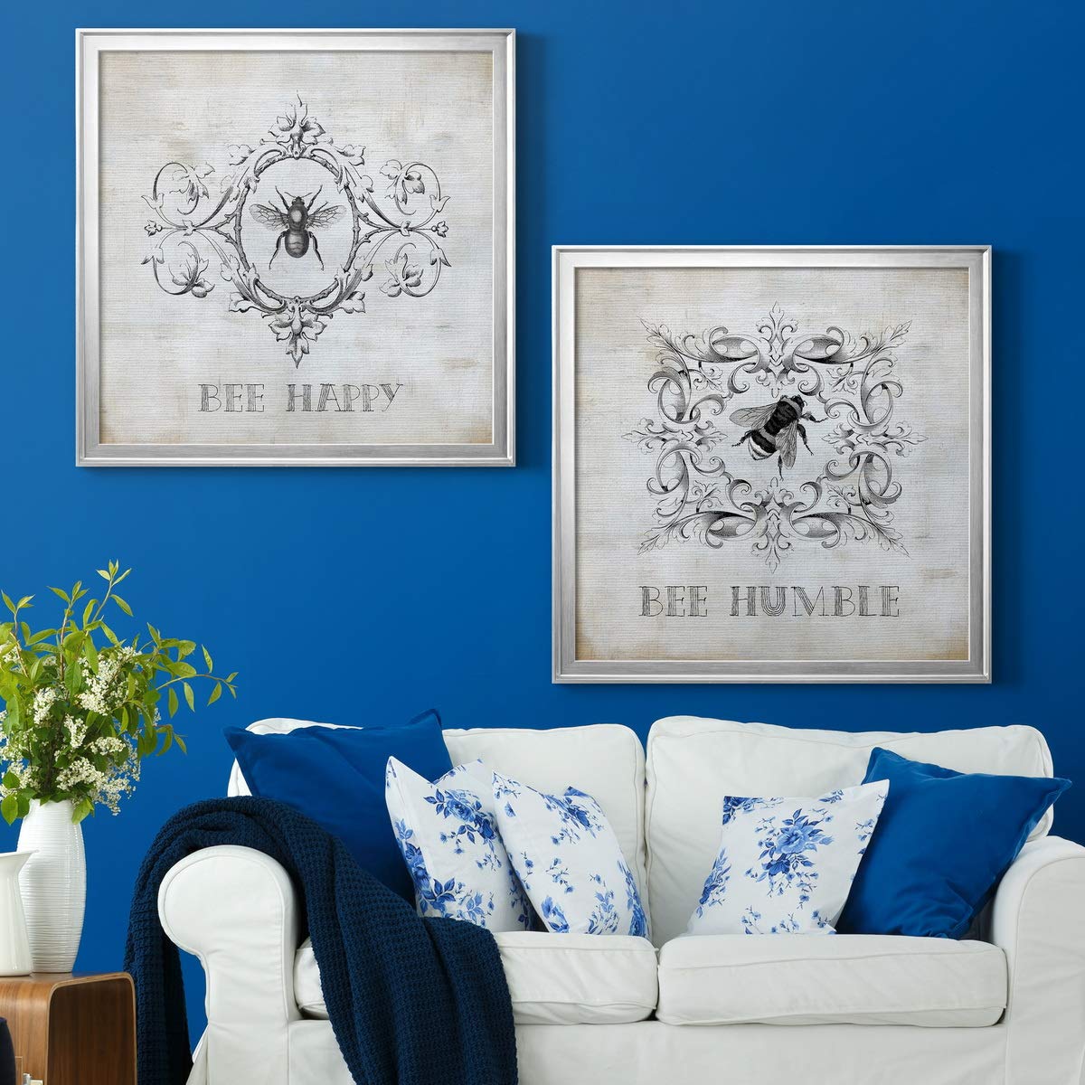 Abstract Wall Art Canvas - Silver Framed Bee Happy 30x30 | Modern Animal, Flower, Coastal & Geometric Wall Décor | Vibrant Ready-to-Hang Painting for Living Room, Bedroom & Office Decor
