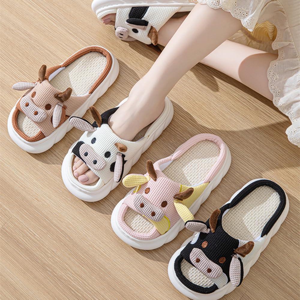 **Warm & Cozy Cow Slippers for Women & Men - Cute Cartoon Animal Fuzzy/Linen House Shoes - Indoor/Outdoor Comfort for Winter & Summer - Perfect for Home, Office & Lounging**