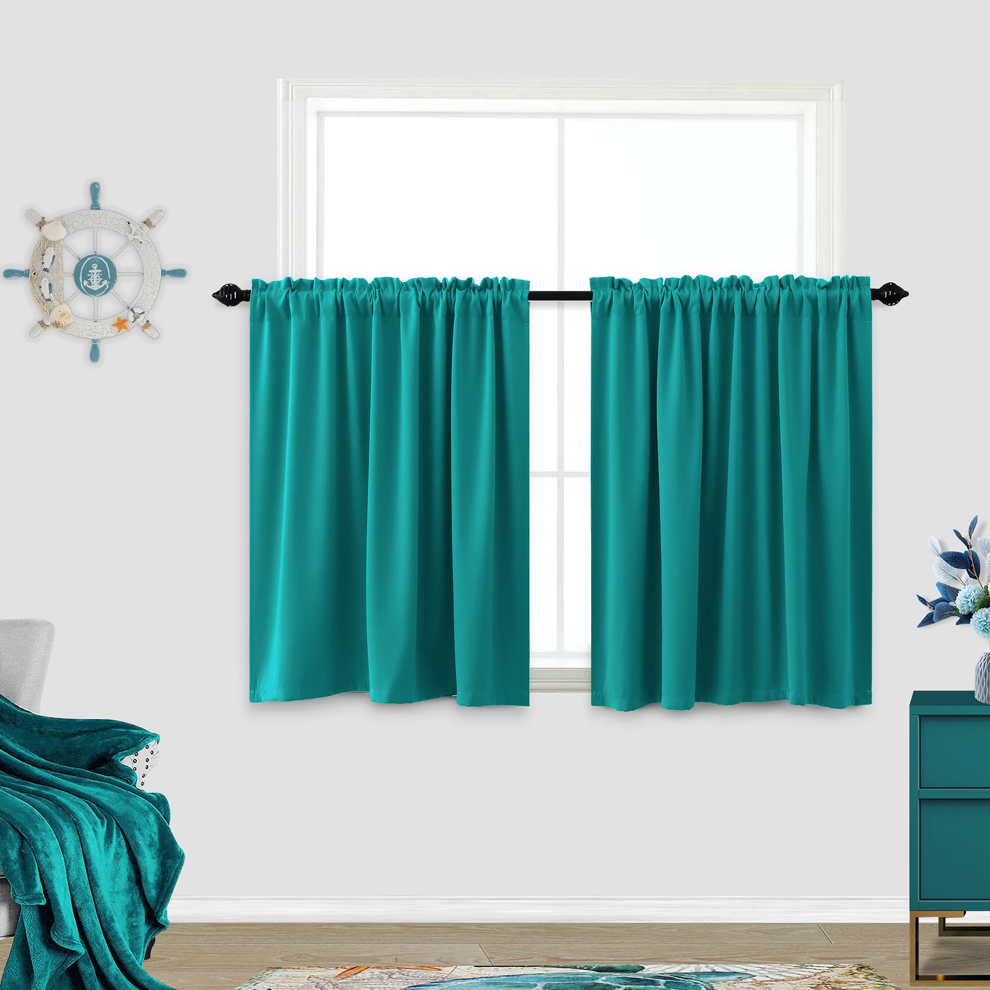 KOUFALL 36 Inch Teal Blackout Curtains - 2 Panels Set with Rod Pocket, Thermal Insulated for Bathroom & Bedroom Windows (34W x 36L) - Perfect for Small Windows, Kitchen Tier & Cafe Style Decor
