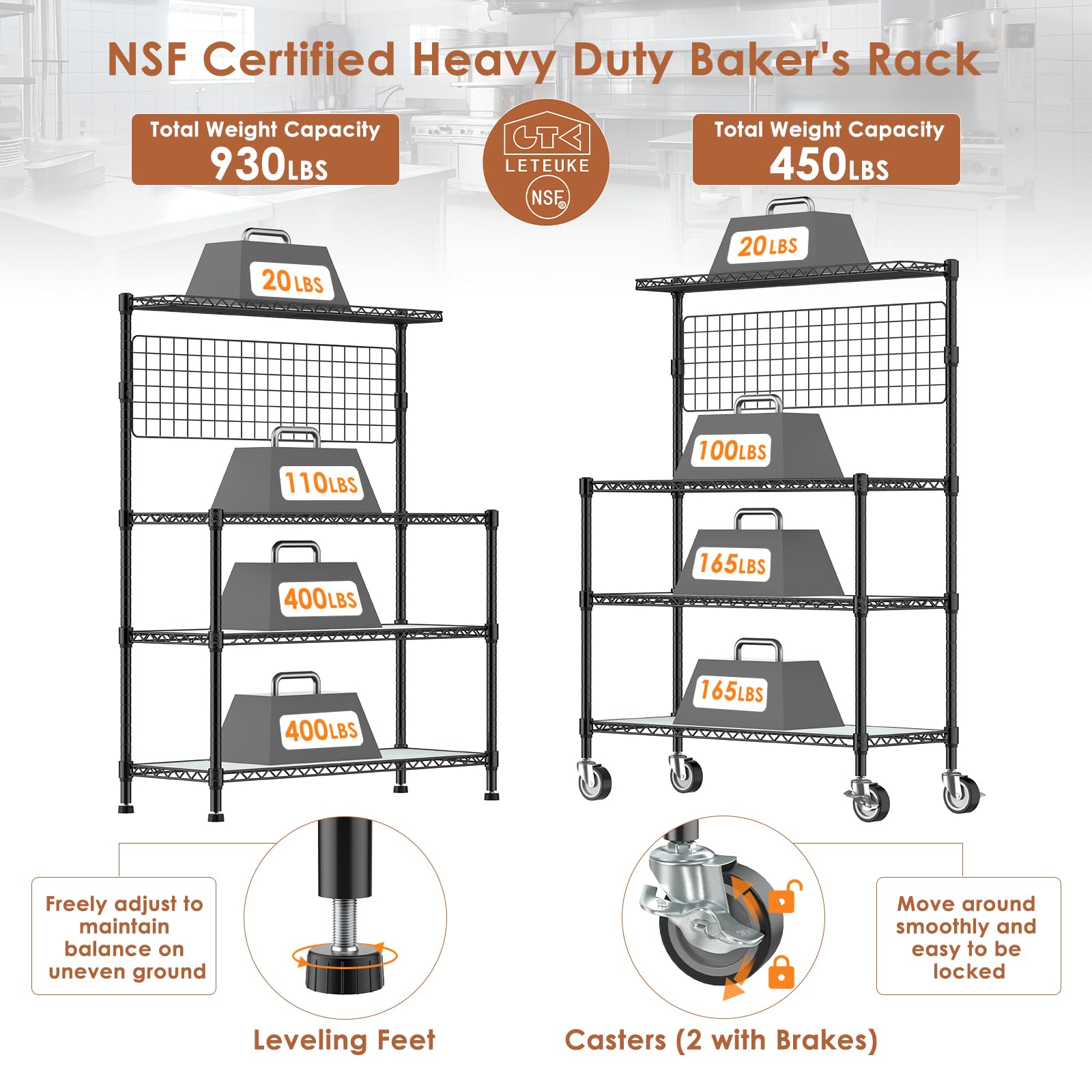 42 Inch Heavy Duty Bakers Rack with Storage & Wheels - 4-Tier Metal Kitchen Shelves, Microwave Stand & Utility Cart with 20 S-Hooks (42×18×63 Inch, Black) - Perfect for Commercial Kitchens, Bakeries, Restaurants & Home Cooking Spaces