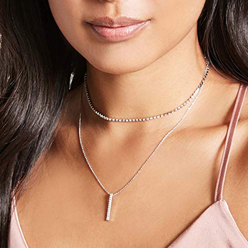 Boho Layered Necklace for Women - Silver Crystal Choker with Rhinestone Pendant, Trendy Layered Chain Necklace Jewelry for Girls | Perfect for Parties, Weddings & Everyday Wear
