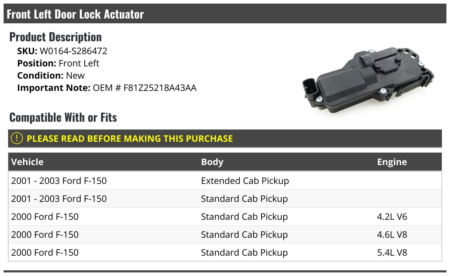 Front Left Driver Side Door Lock Actuator Replacement for 2000-2003 Ford F-150 - Power Door Lock Repair Part - Fix Locking Issues for Pickup Trucks & Work Vehicles