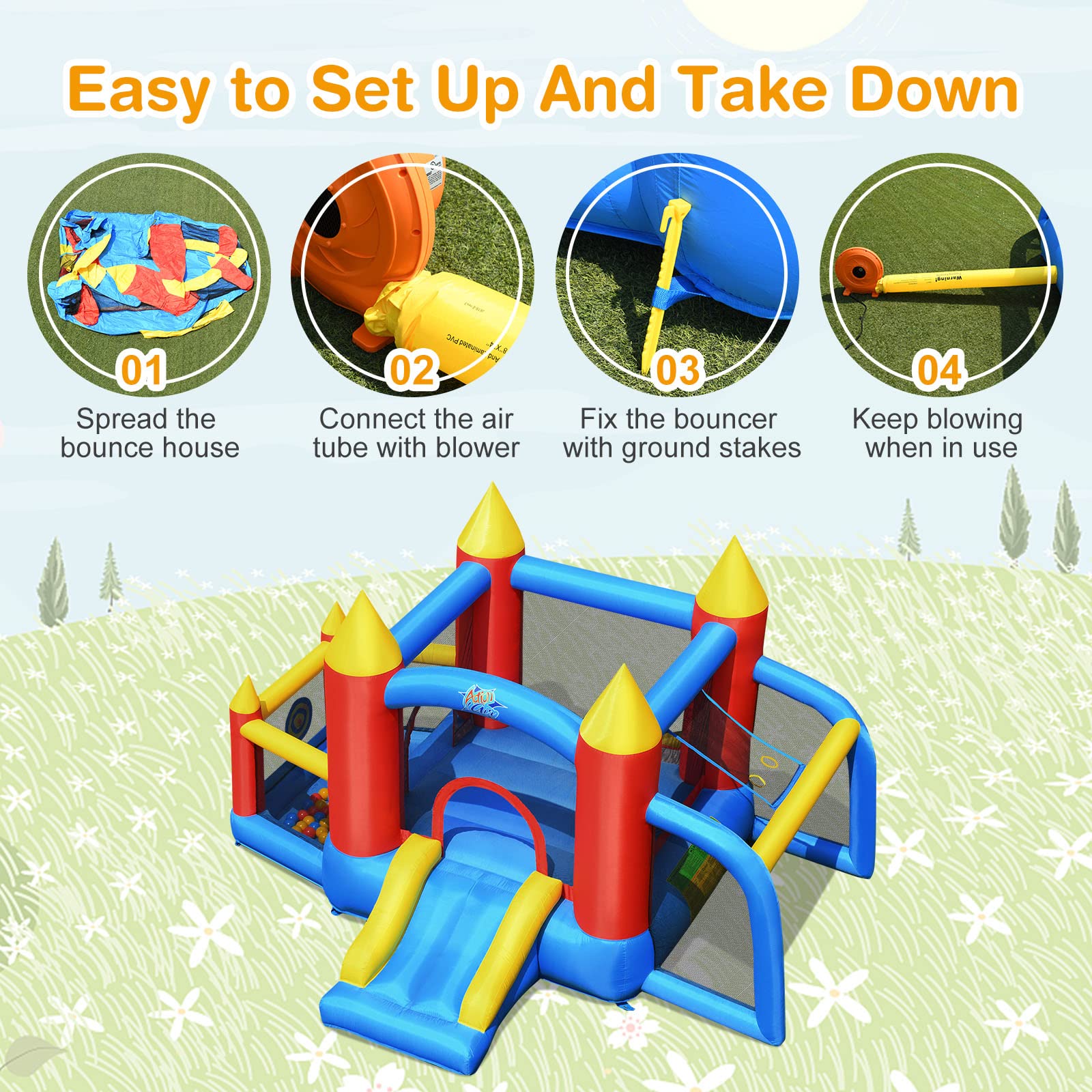 **HONEY JOY 6-in-1 Inflatable Bounce House with Blower – Kids Bouncy Castle for Ages 5-12, Indoor & Outdoor Play with Soccer Goal & Ocean Balls – Perfect for Backyard Parties, Birthdays & Summer Fun (Includes 740W Blower)**