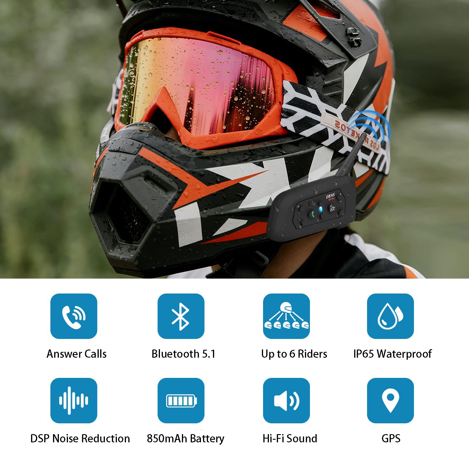 MIMIRACLE V6 Pro Motorcycle Helmet Bluetooth Headset - 6 Rider Intercom, 1200M Range, IP65 Waterproof Wireless Communication System for Dirt Bike, ATV, Off Road - Perfect for Group Rides & Adventure Touring