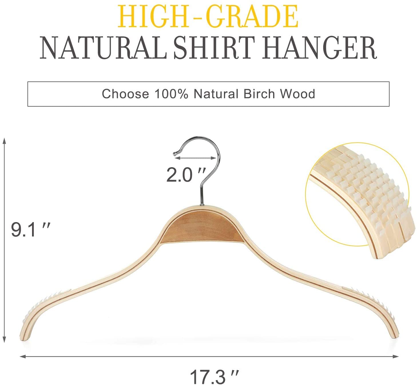 17 Inch Natural Wooden Hangers with Non-Slip Rubber Grips - Space Saving Clothes Hangers for Coats, Shirts, Dresses & T-Shirts (30 Pack) | Perfect for Closet Organization & Wardrobe Storage