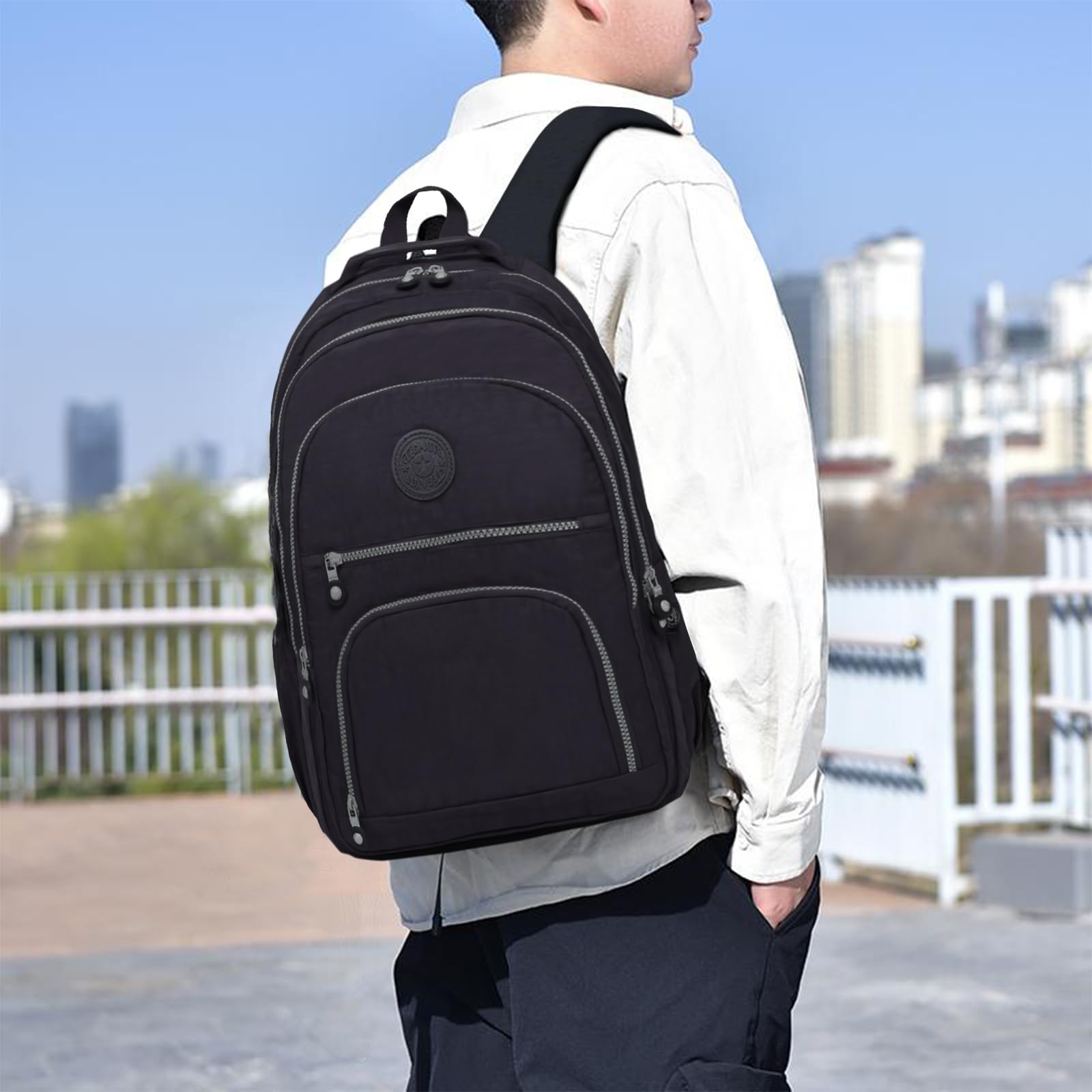 Lightweight Black Nylon Travel Laptop Backpack for Men & Women - Water Resistant 17+ Inch Computer Backpack for College, Work, Hiking & Casual Day Use