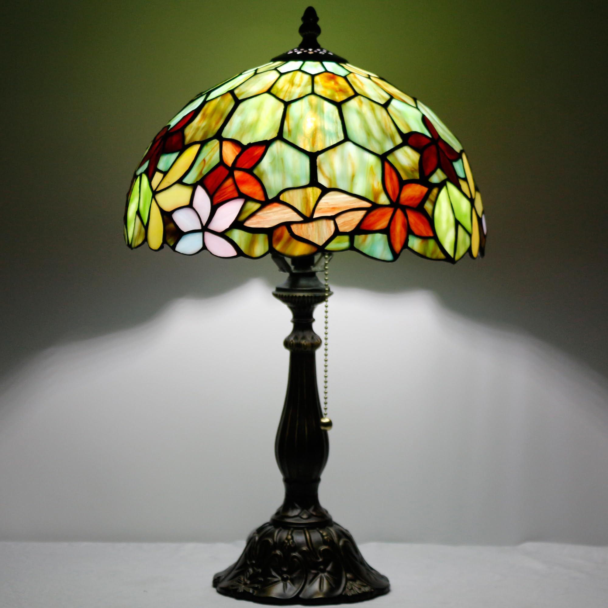 Tiffany Style Stained Glass Table Lamp - 12x12x19 Inch Antique Reading Light with Red & Green Floral Design | Perfect for Living Room, Bedroom, or Office Decor