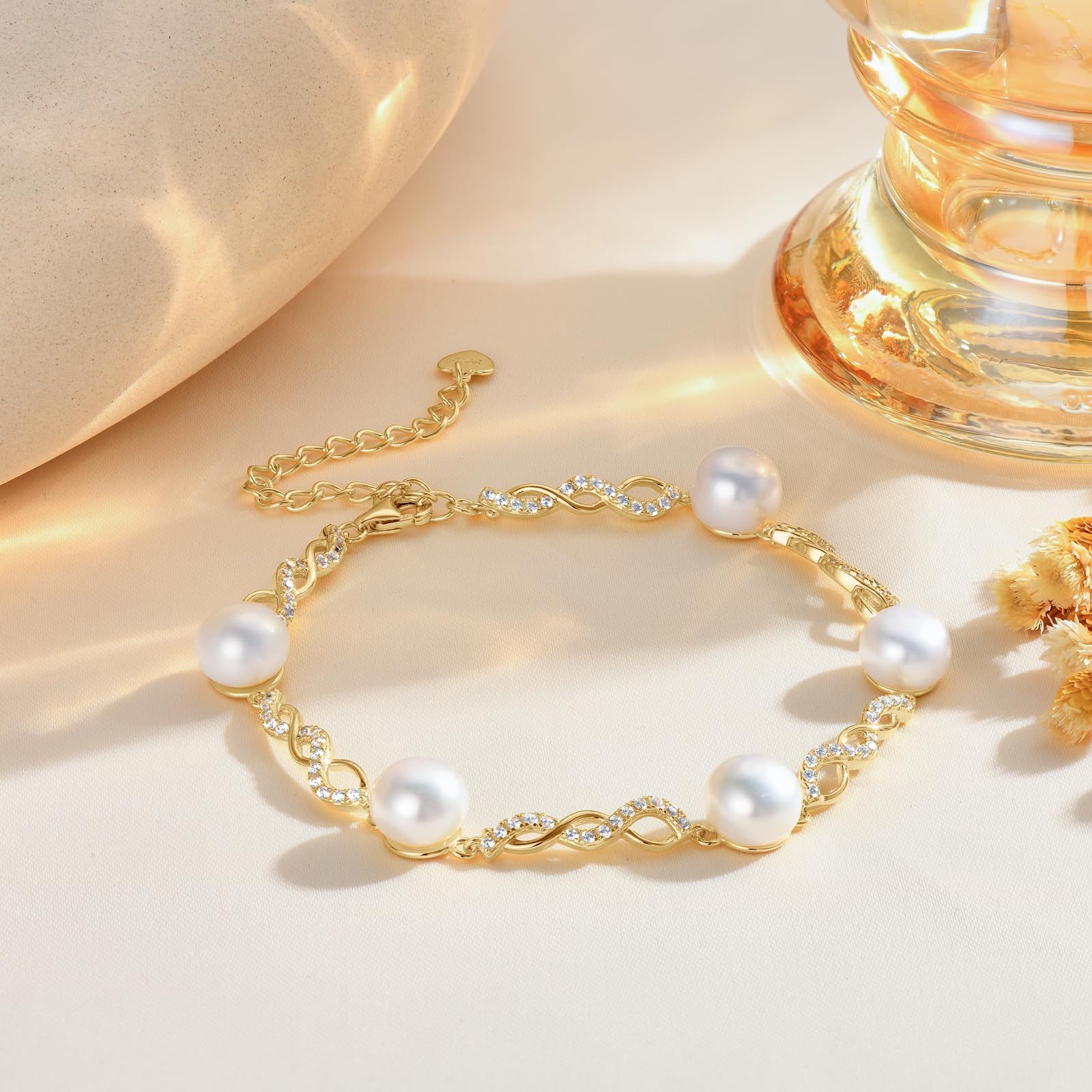 Elegant Sterling Silver & Gold Plated Freshwater Pearl Bracelet for Women - Handmade Infinity Design Jewelry for Weddings, Parties & Gifts