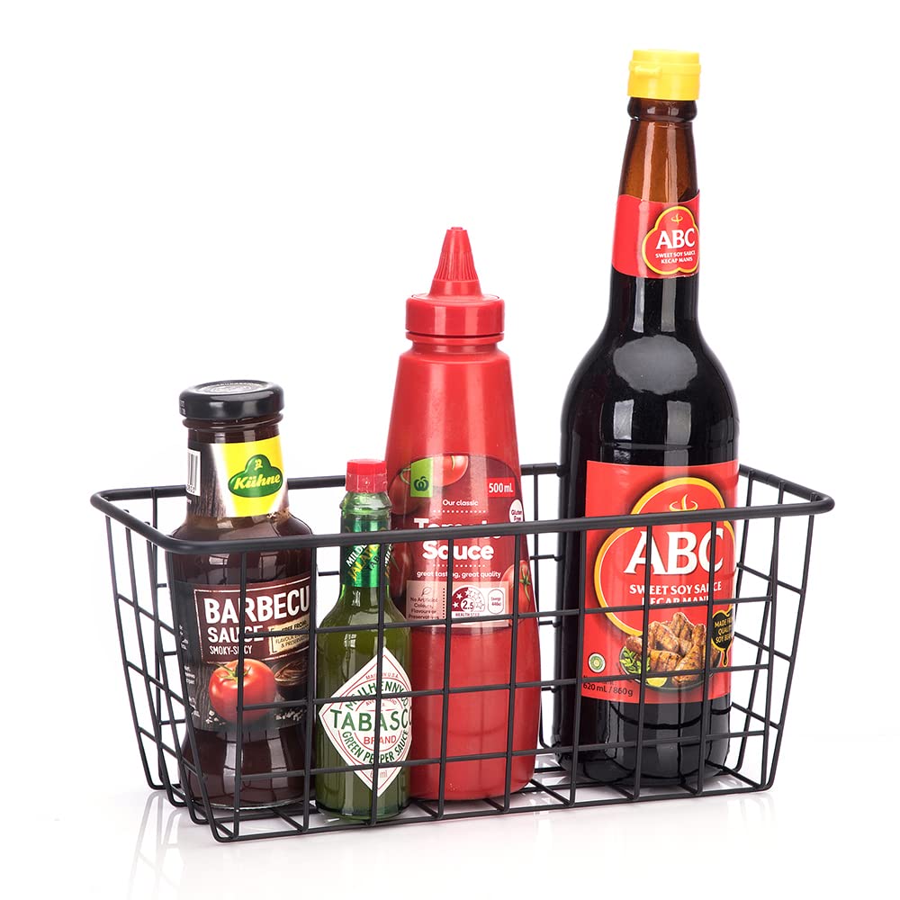 Hanging Kitchen Baskets - Adhesive Sturdy Wire Storage Baskets for Food Pantry, Bathroom, and Shelf Organization - No Drilling Wall Mounted, Black, 4 Pack - Perfect for Small Spaces and Clutter-Free Living