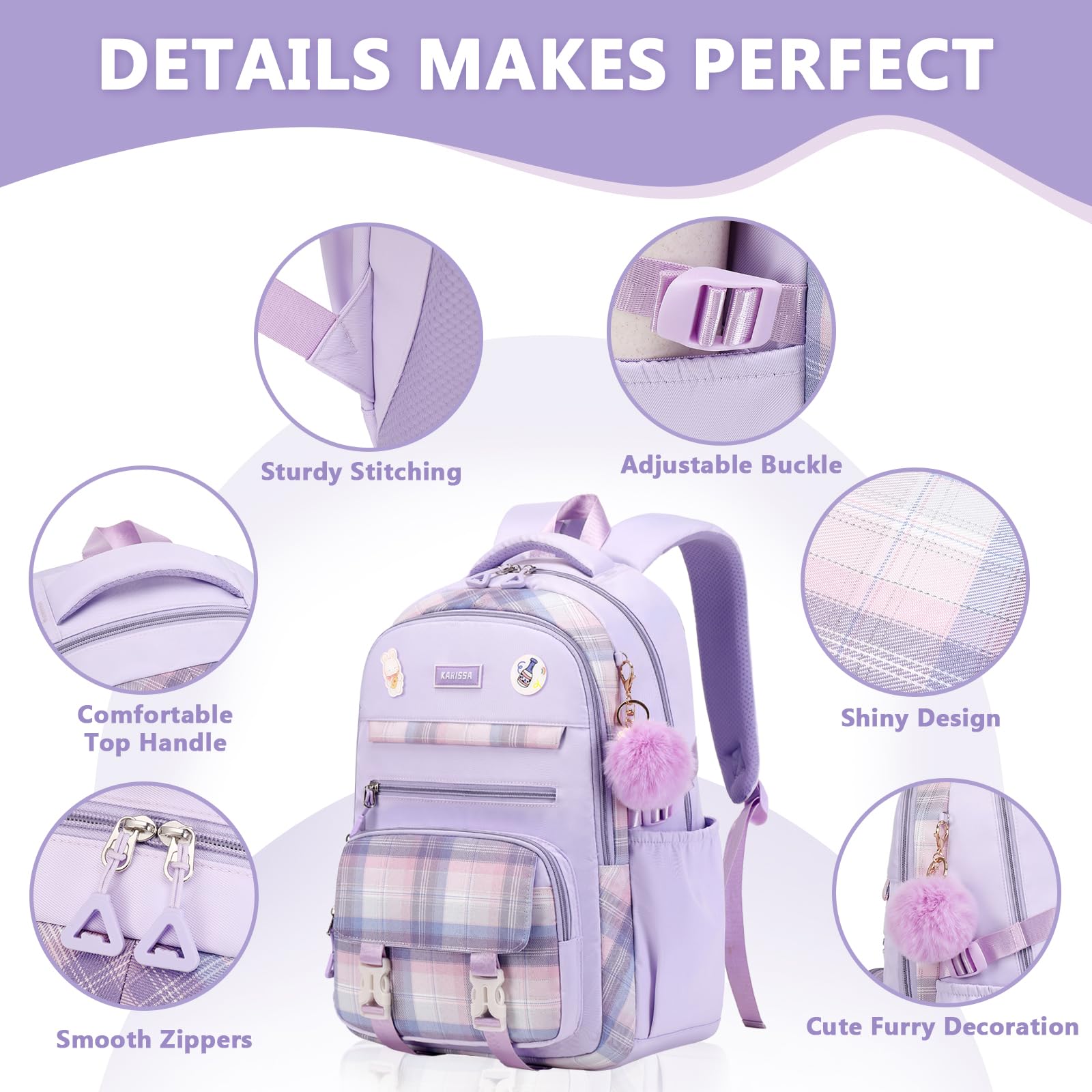 Cute Purple Girls Backpack for School - Kawaii Bookbag with Multiple Pockets for Elementary & Middle School Students (Ages 6-14) | Perfect for Daily Use, Travel & Outdoor Activities
