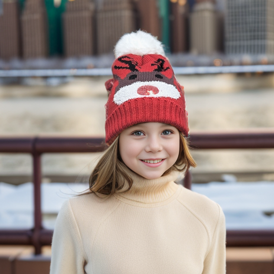 Sparkly Sequin Reindeer Kids Bobble Hat - Festive Winter Beanie for Boys & Girls - Perfect for Christmas, Holidays & Outdoor Play